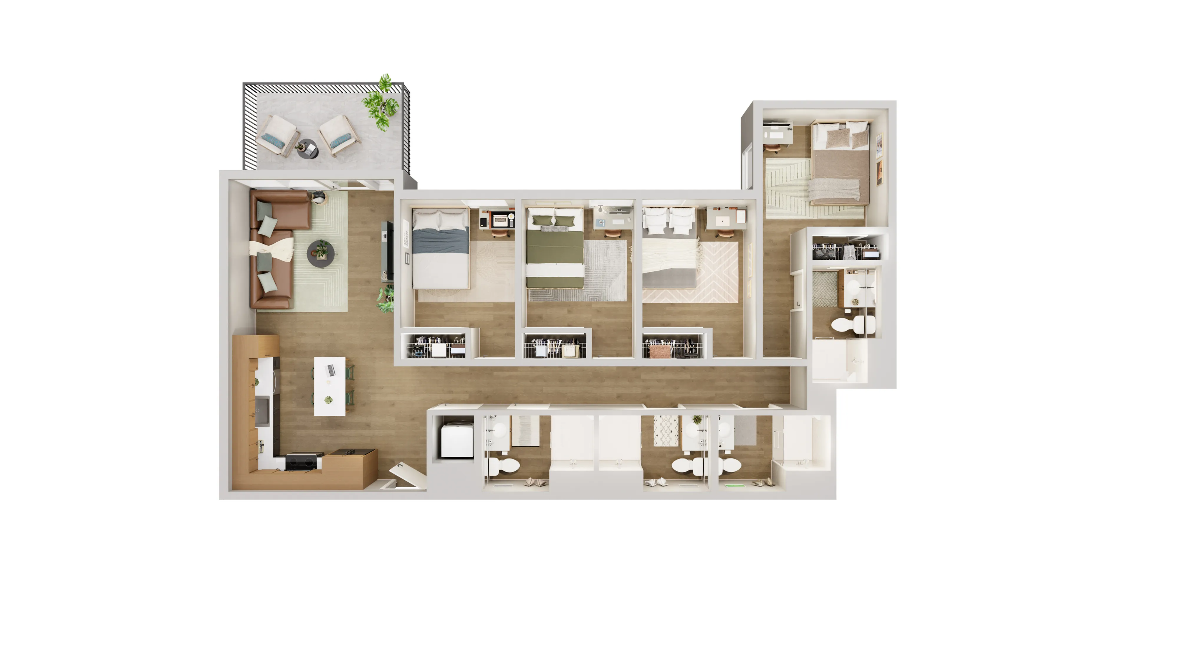Modern floor plan showcasing 4 bedrooms, a cozy living room, and an elegant kitchen, featuring a private balcony oasis.
