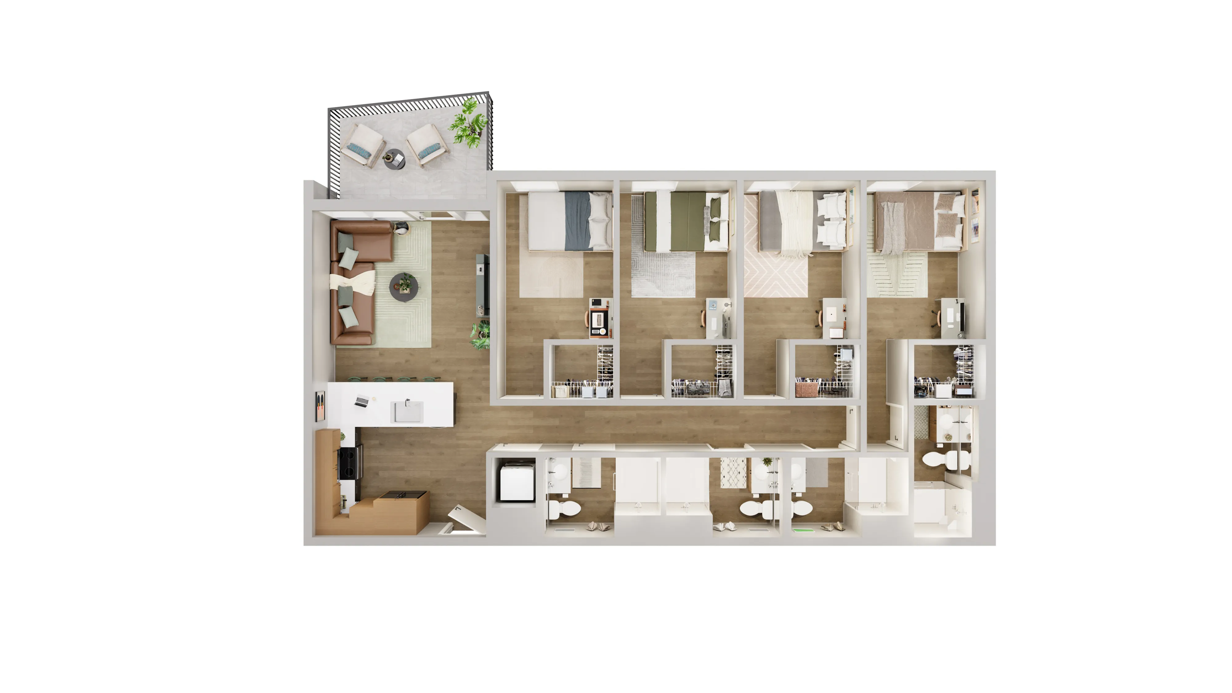 Modern 3-bedroom apartment floor plan featuring an open-concept living room, stylish kitchen, and cozy balcony.