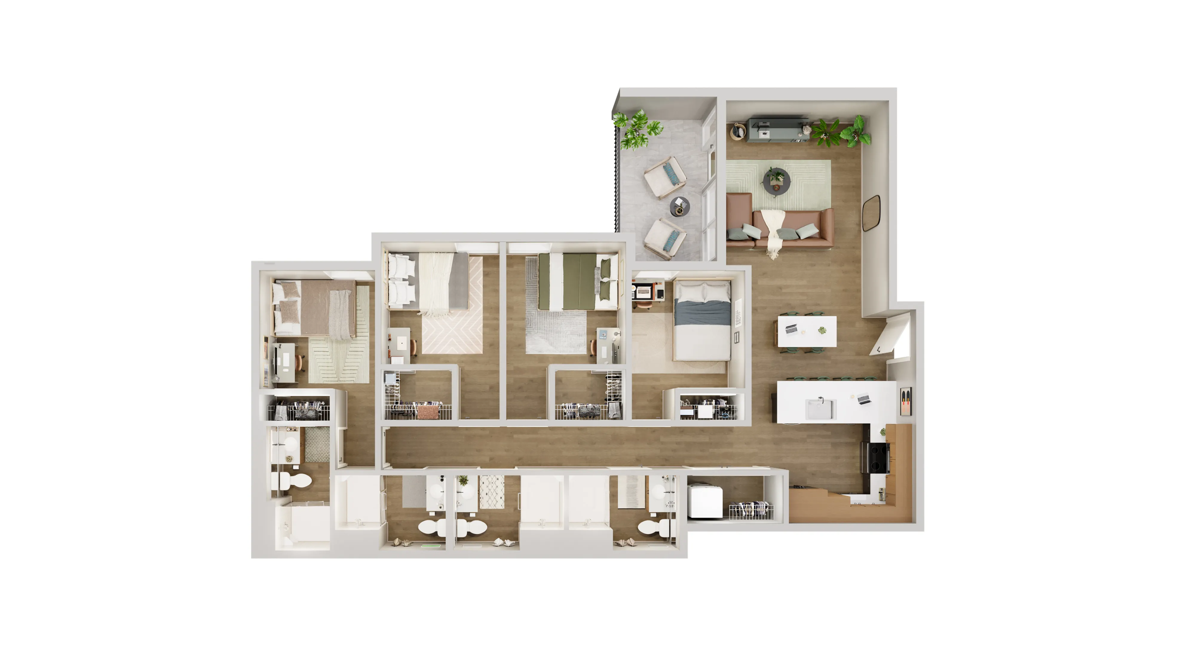 Modern 3D floor plan showcasing 3 bedrooms, an elegant open living area, sleek kitchen with a dining space, and stylish bathroom facilities.