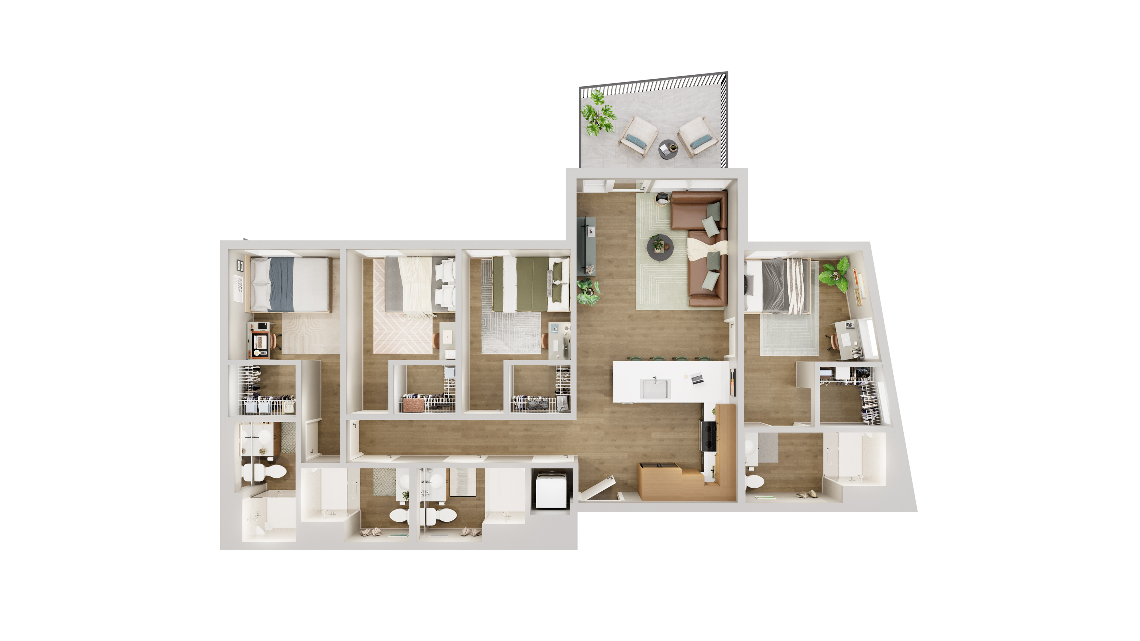 Contemporary floor plan showcasing three spacious bedrooms, a sleek open living and dining area, and a modern kitchen, complemented by a cozy balcony.