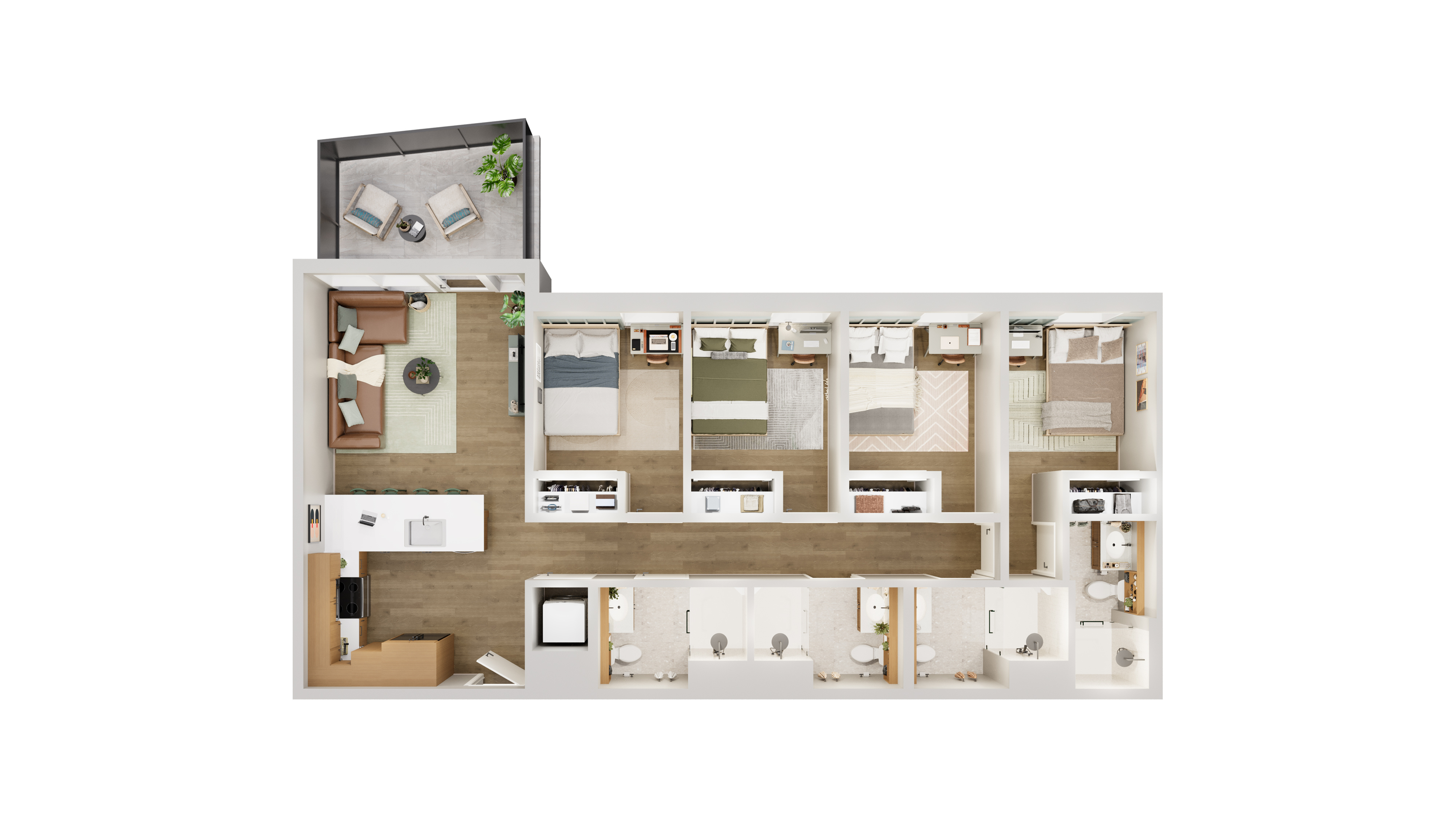 Contemporary apartment floor plan featuring four bedrooms, spacious living room, modern kitchen, and a private balcony.