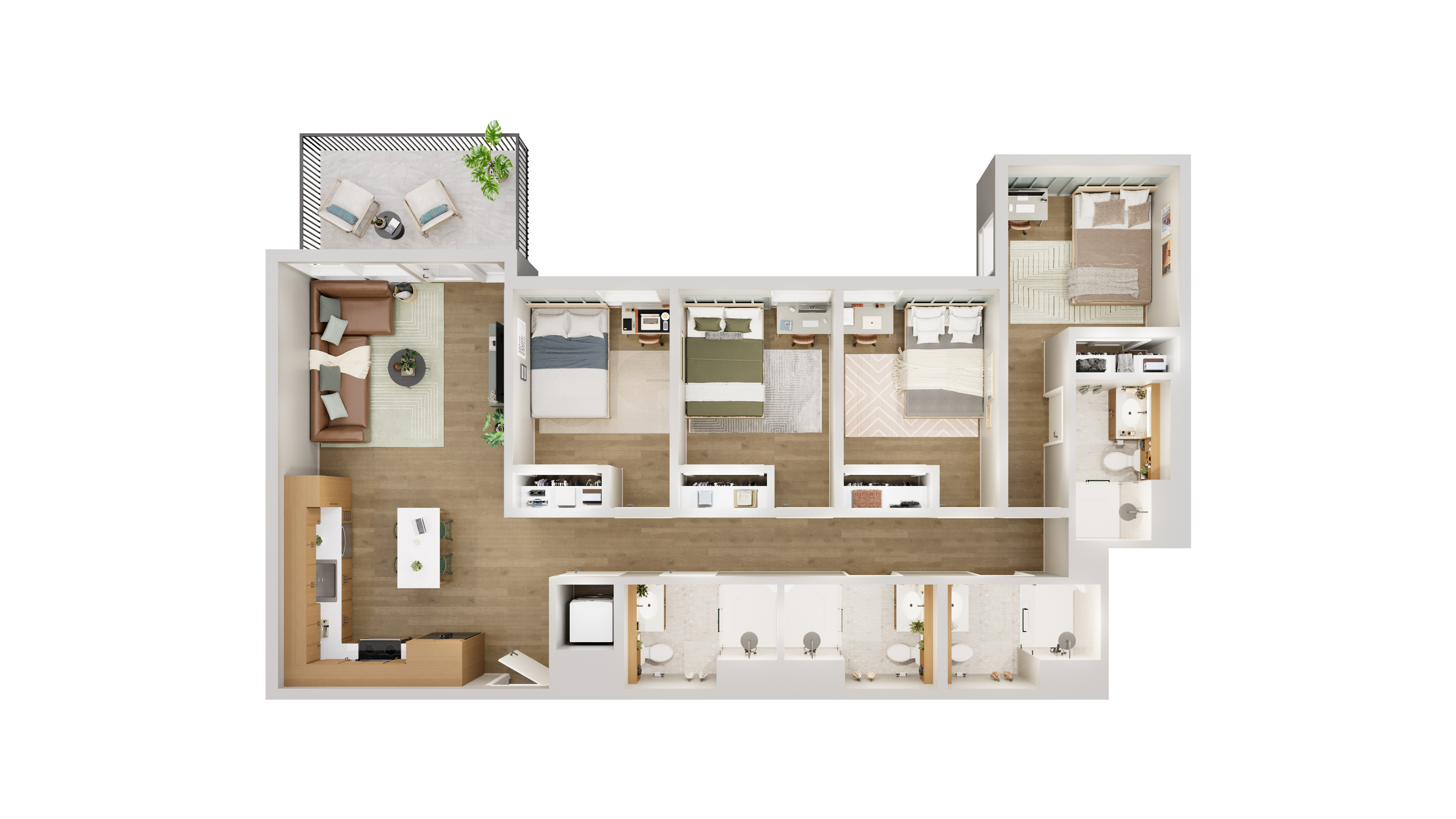 Modern 3D floor plan showcasing 4 stylish bedrooms, a chic open-plan living and dining area, and a sleek kitchen with island seating. Cozy balcony space for relaxation.