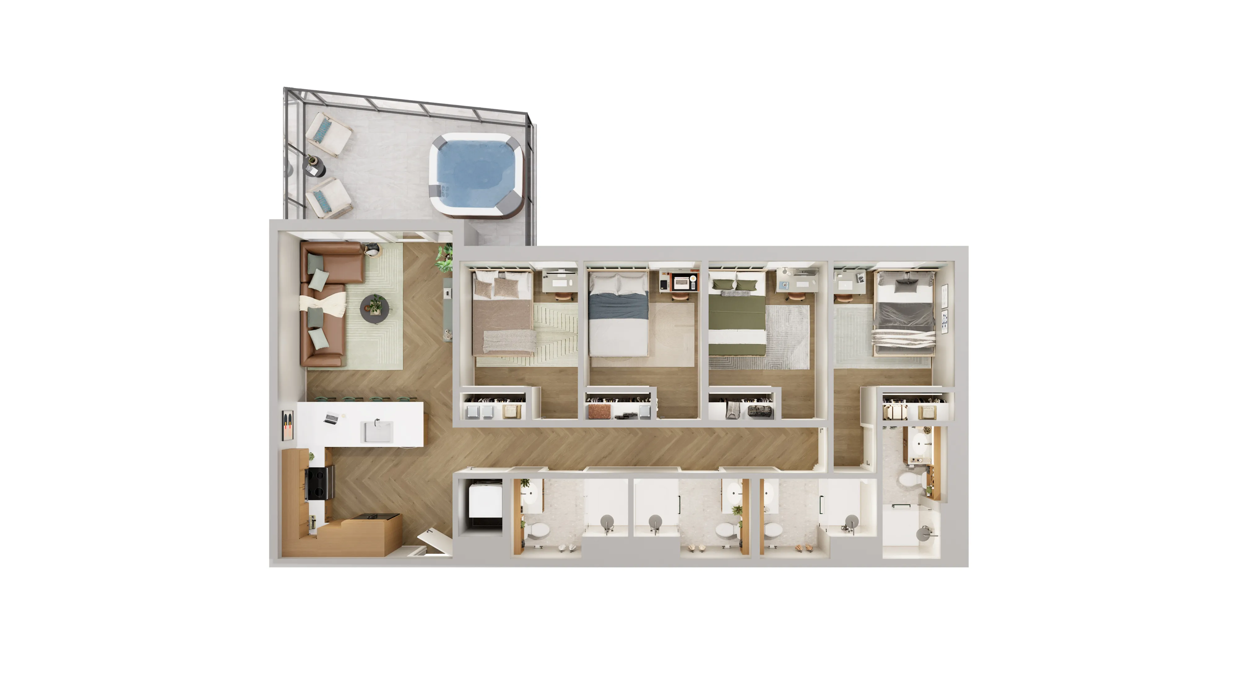 Modern floor plan showcasing 4 bedrooms, spacious living room, contemporary kitchen, and a private balcony with a jacuzzi.