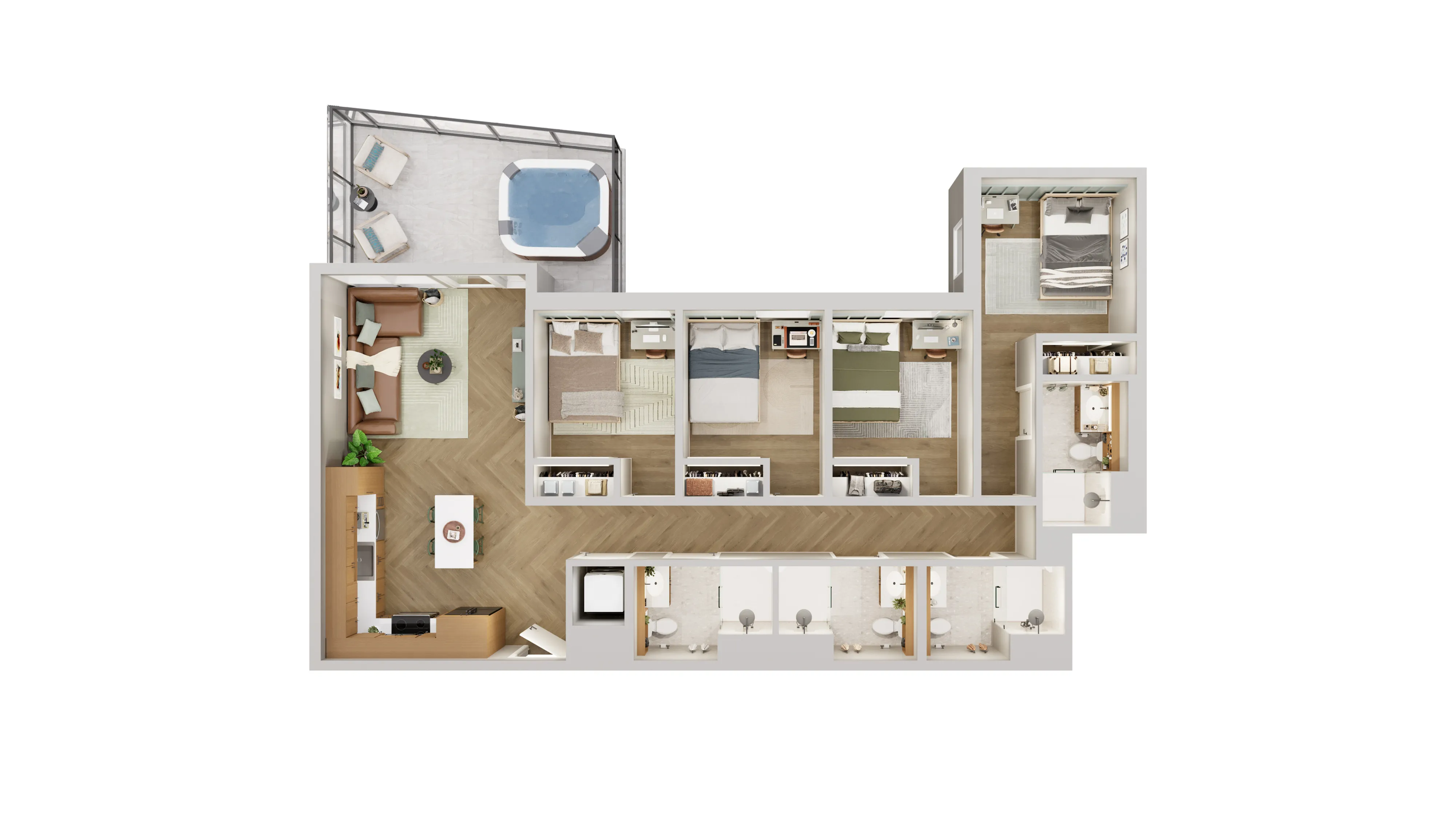 Spacious and elegant floor plan featuring 4 bedrooms, a modern open-concept living and dining area, and a private balcony with seating and hot tub. Ideal for comfortable family living.