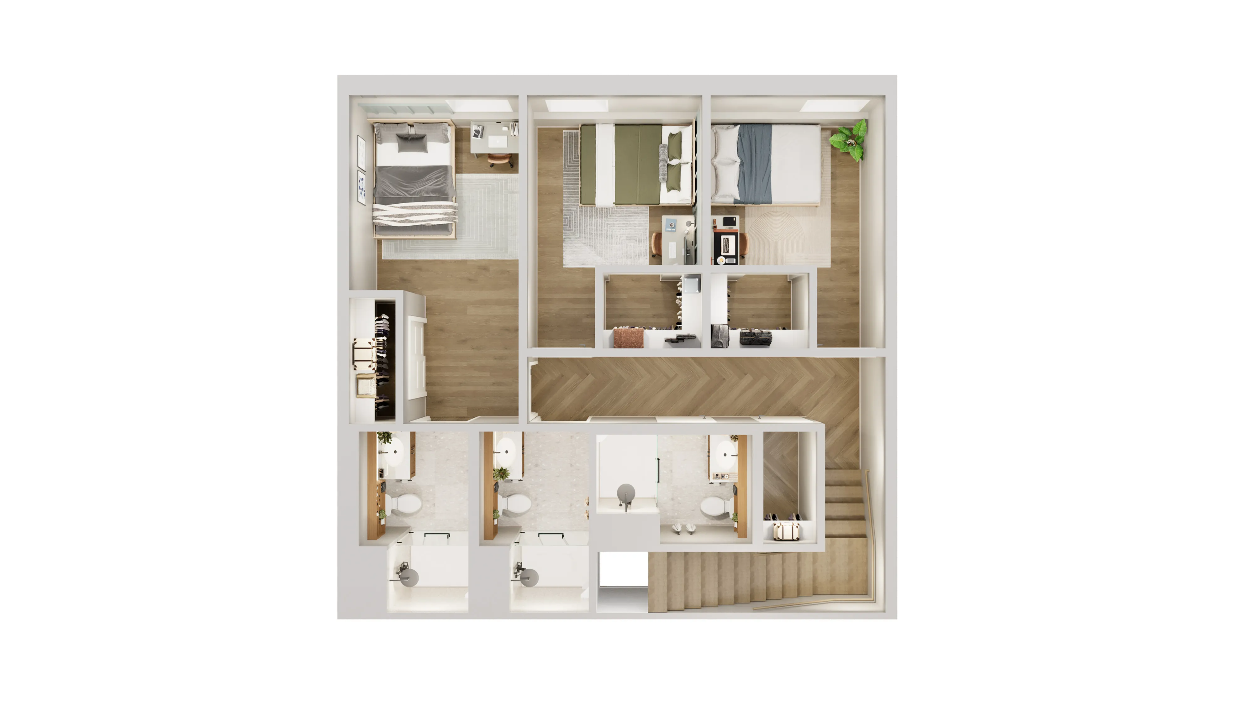 Modern floor plan illustrating a chic 3-bedroom layout with warm wooden flooring, two stylish bathrooms, cozy workspaces, and a welcoming entry stairway.