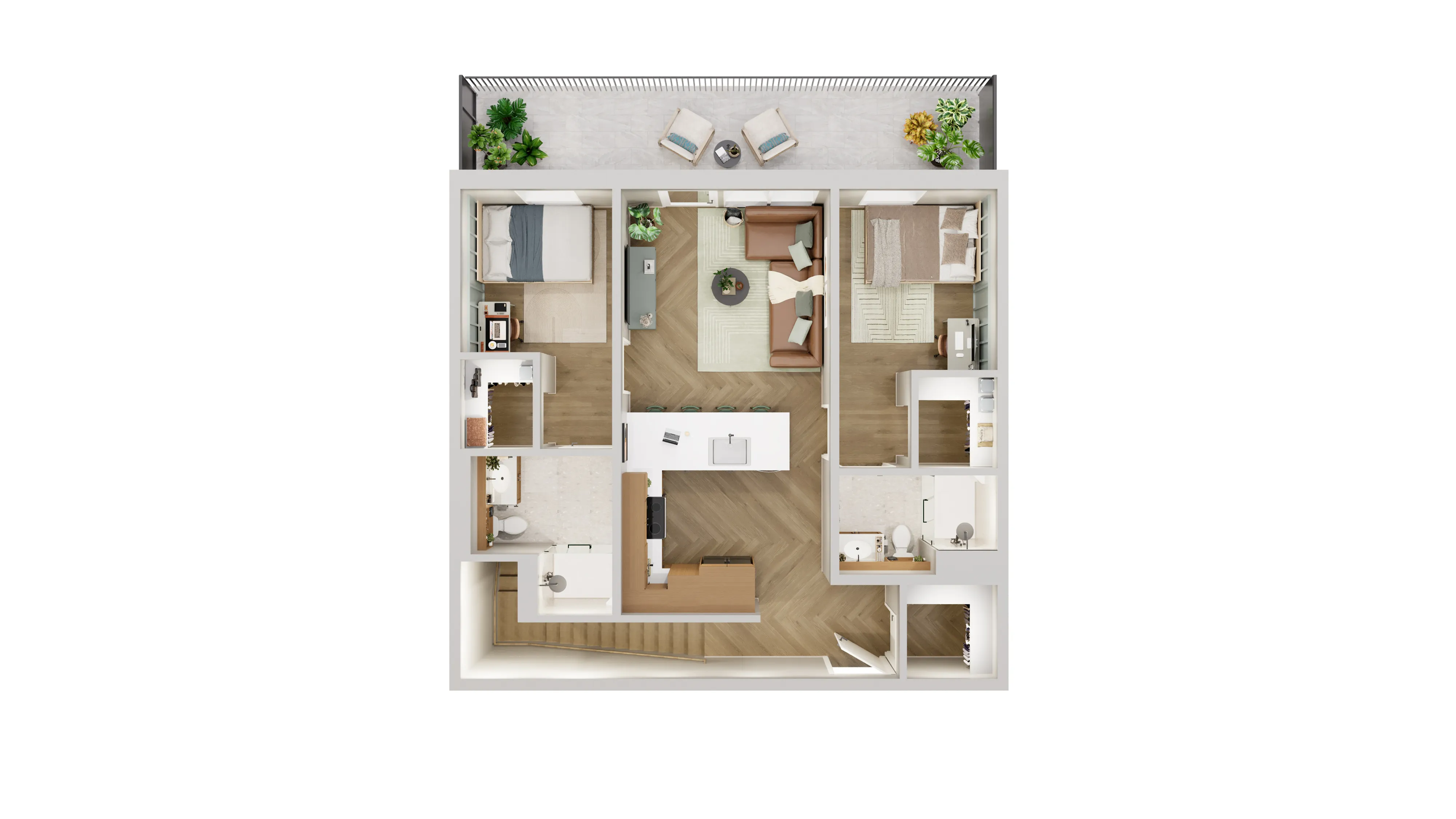 Spacious 3D floor plan highlighting 2 bedrooms, a stylish open living area, and a large balcony with seating.