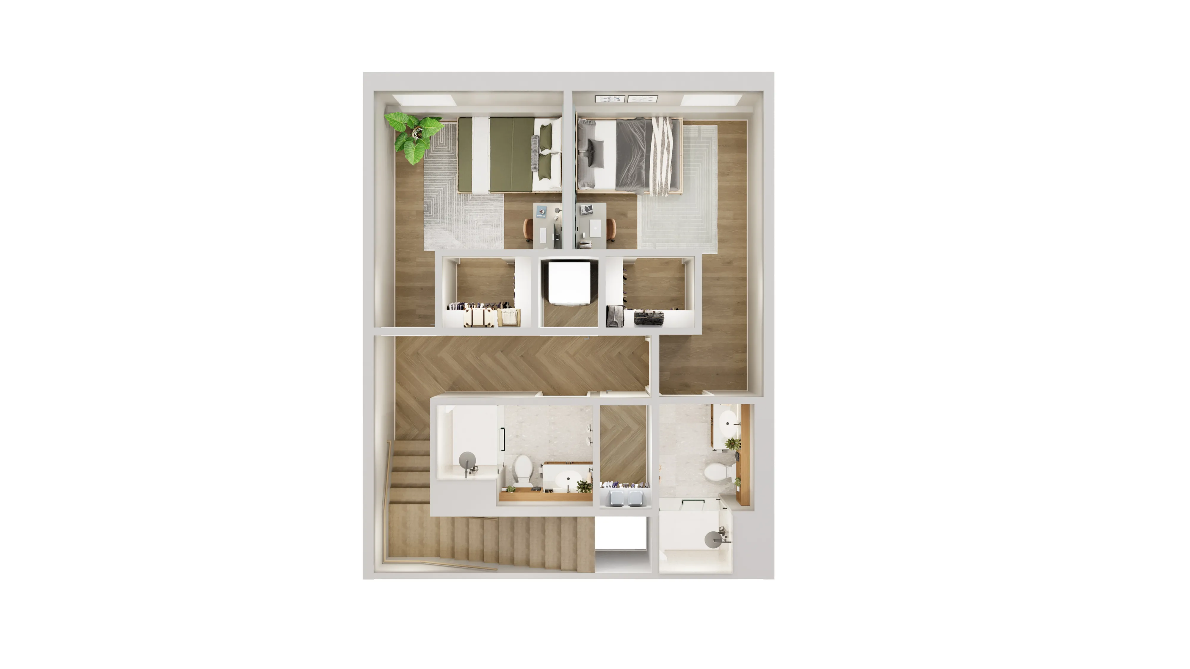 Modern 2D apartment floor plan highlighting a cozy bedroom, stylish bathroom, spacious living area, and vibrant decor with greenery.
