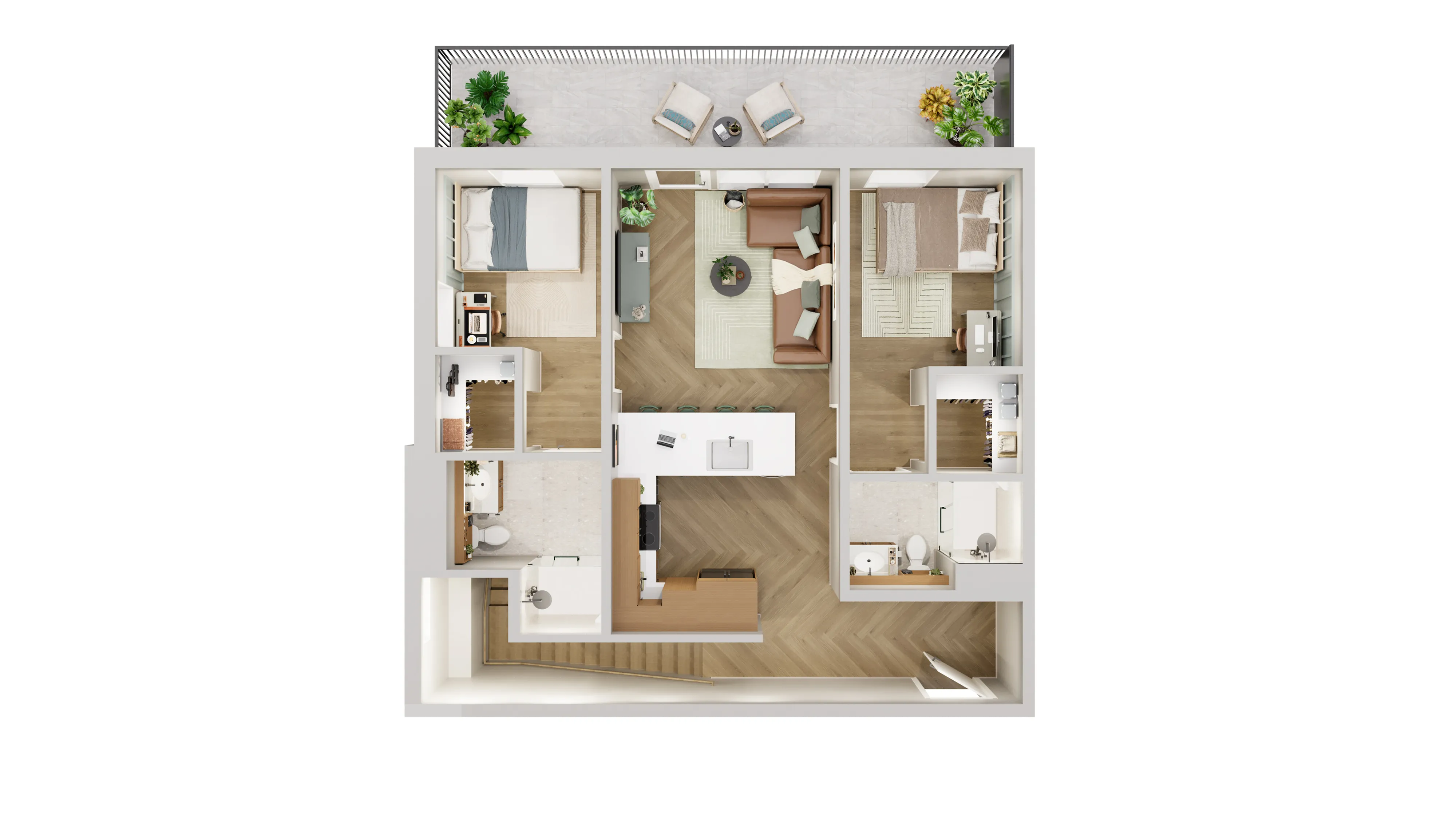 Modern floor plan featuring 2 cozy bedrooms, elegant living area, spacious kitchen, and a stylish balcony with seating.
