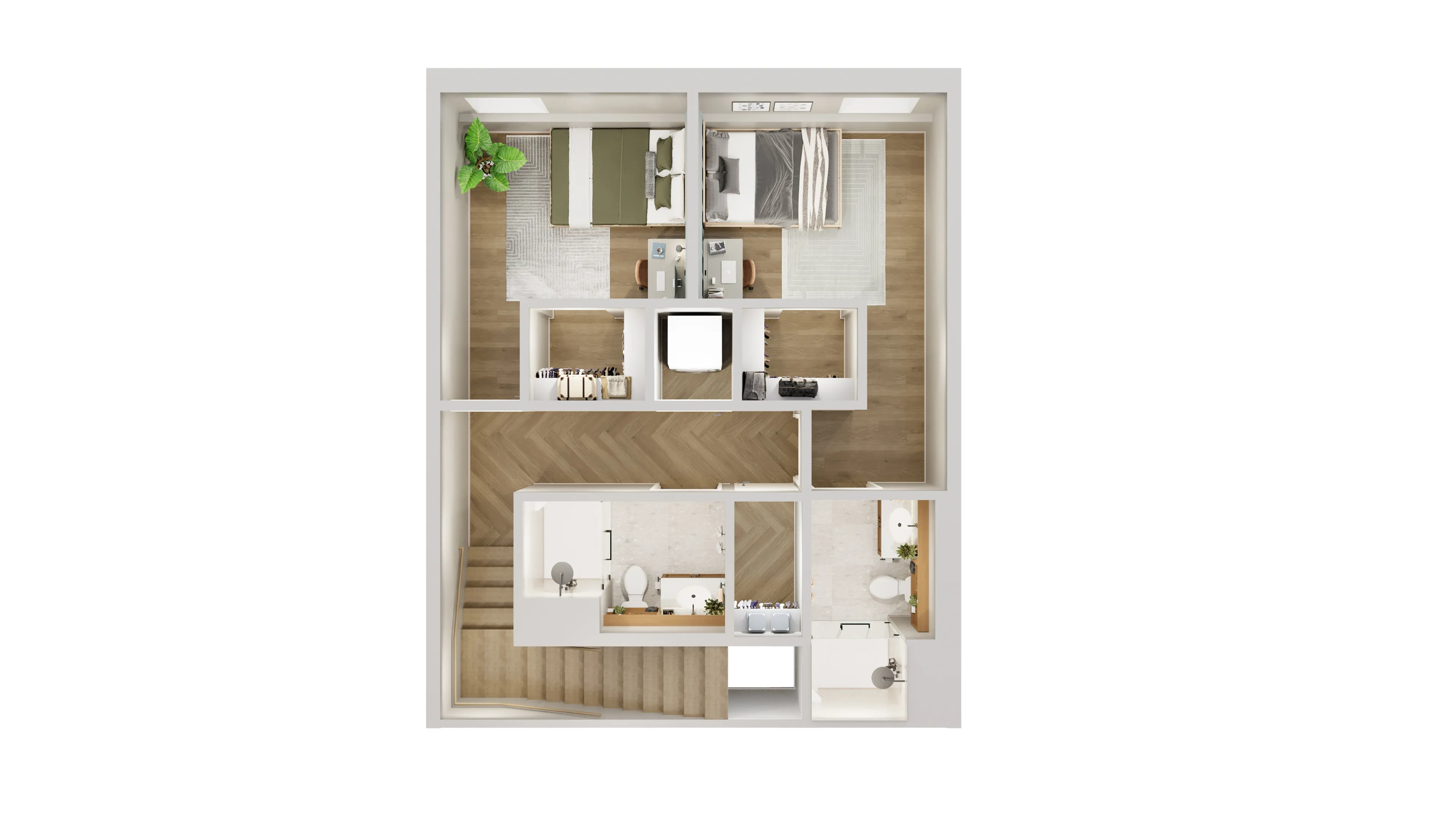 Elegant floor plan displaying two cozy bedrooms, two modern bathrooms, and a chic living area with stylish wood flooring.