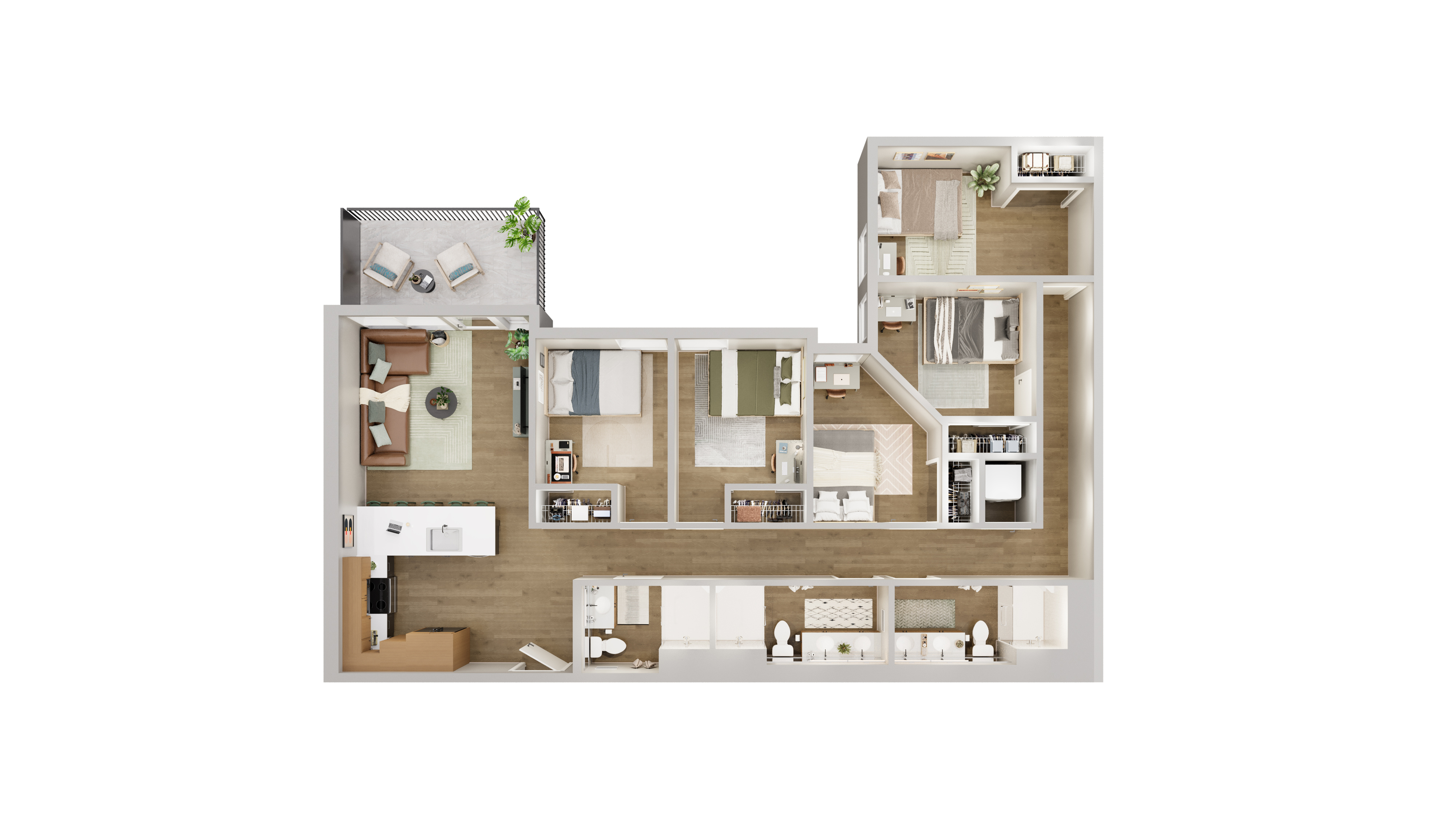 Modern 3D floor plan showcasing elegance with 3 cozy bedrooms, a spacious living room, gourmet kitchen, and inviting balcony.