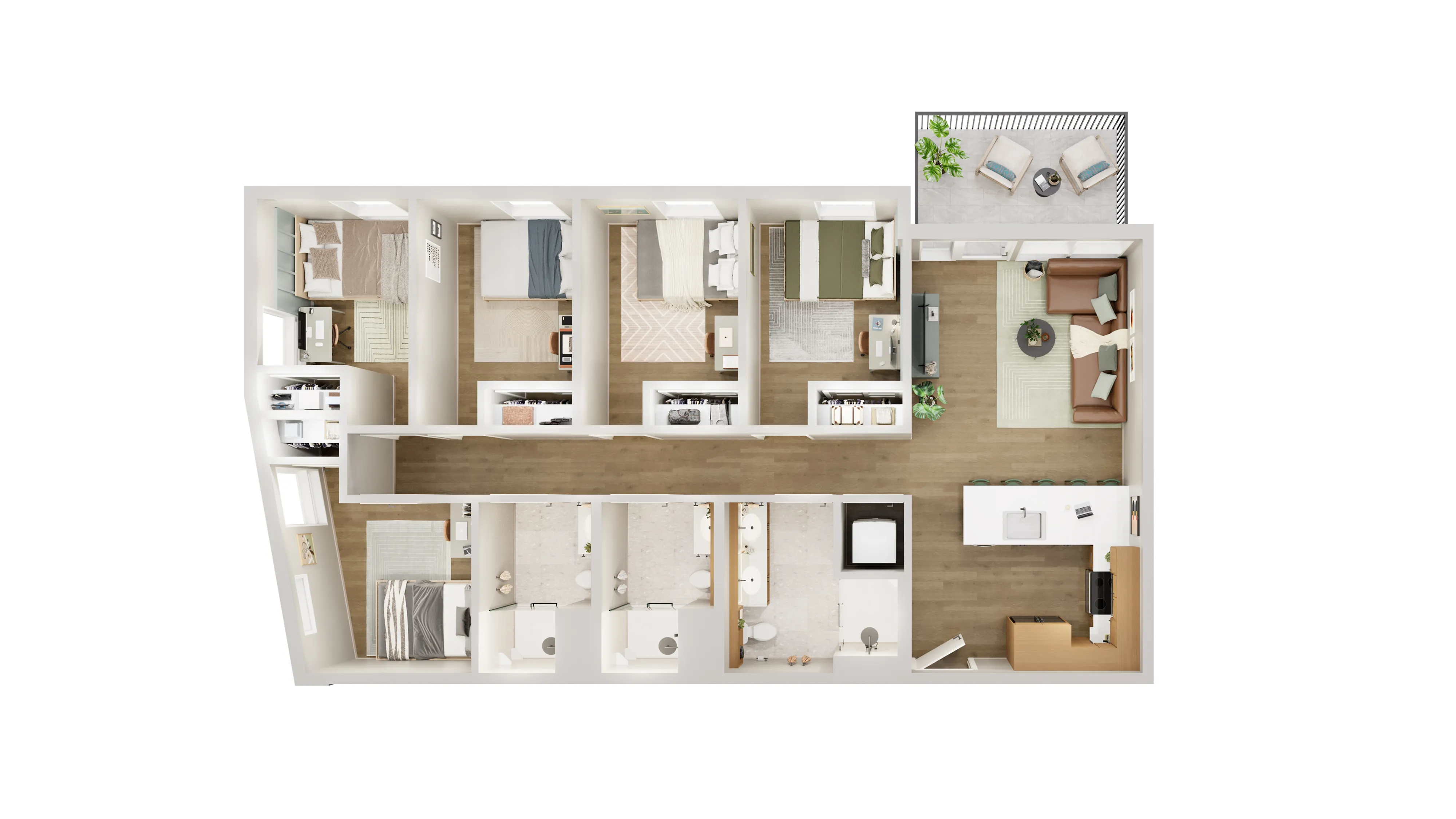 Modern floor plan with 3 spacious bedrooms, elegant open-plan living area, sleek kitchen, and inviting balcony.