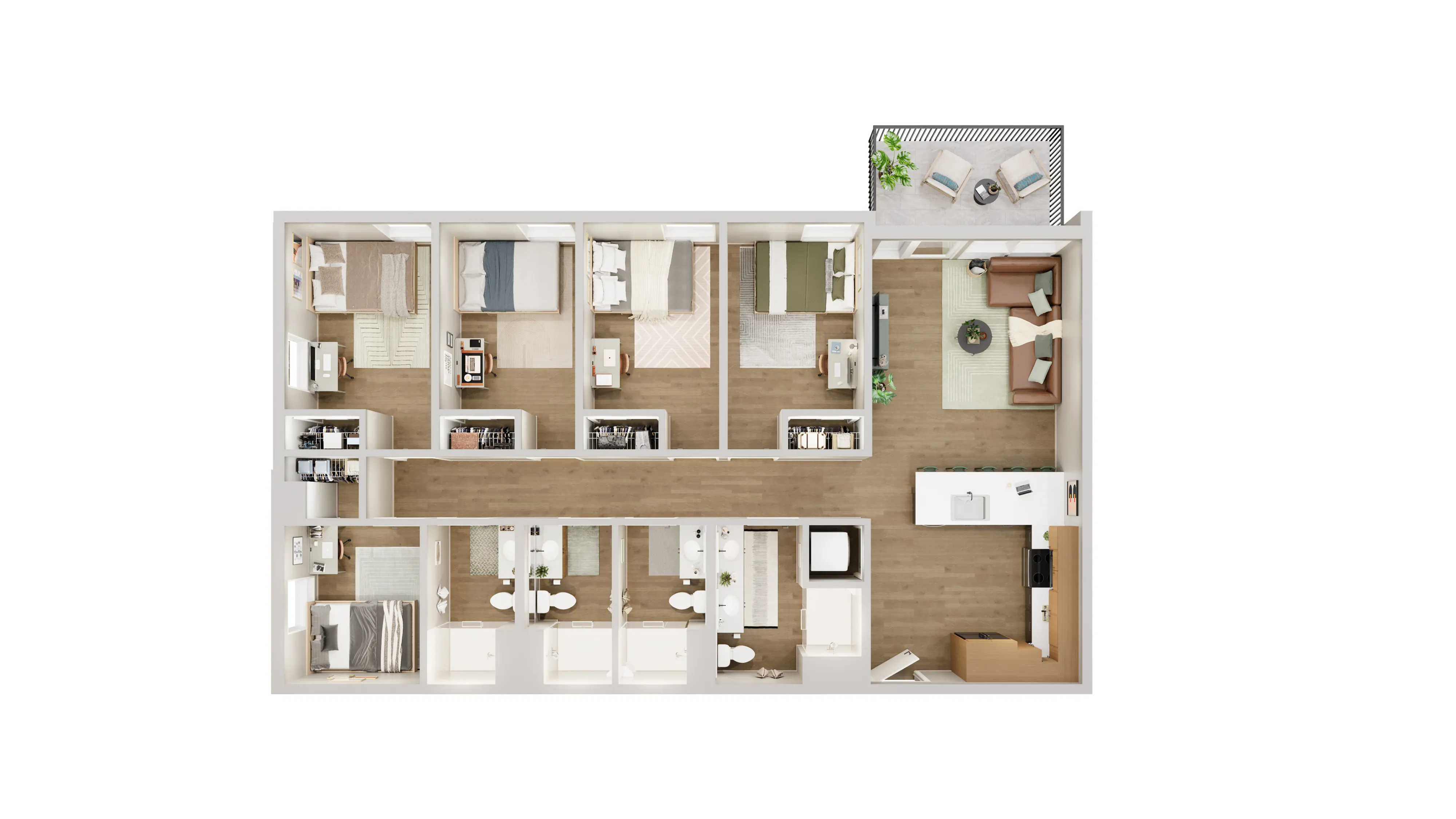 Modern floor plan layout highlighting 5 bedrooms, sleek open-concept kitchen, inviting living area, 3 stylish bathrooms, and a cozy balcony for outdoor relaxation.