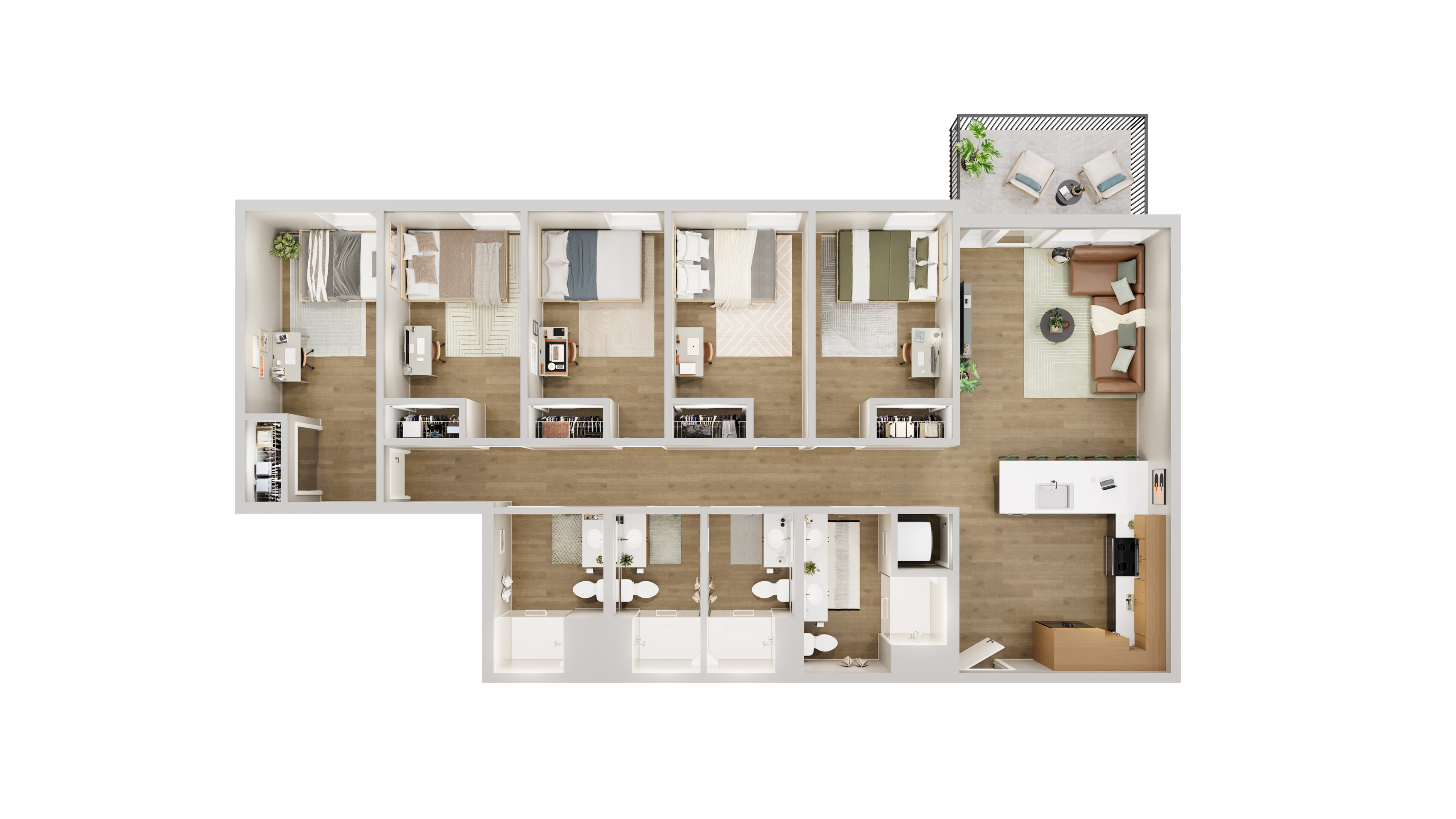 Modern 3D floor plan showcasing 5 bedrooms, an inviting living area, and a sleek kitchen with a breakfast bar, complemented by a cozy balcony retreat.