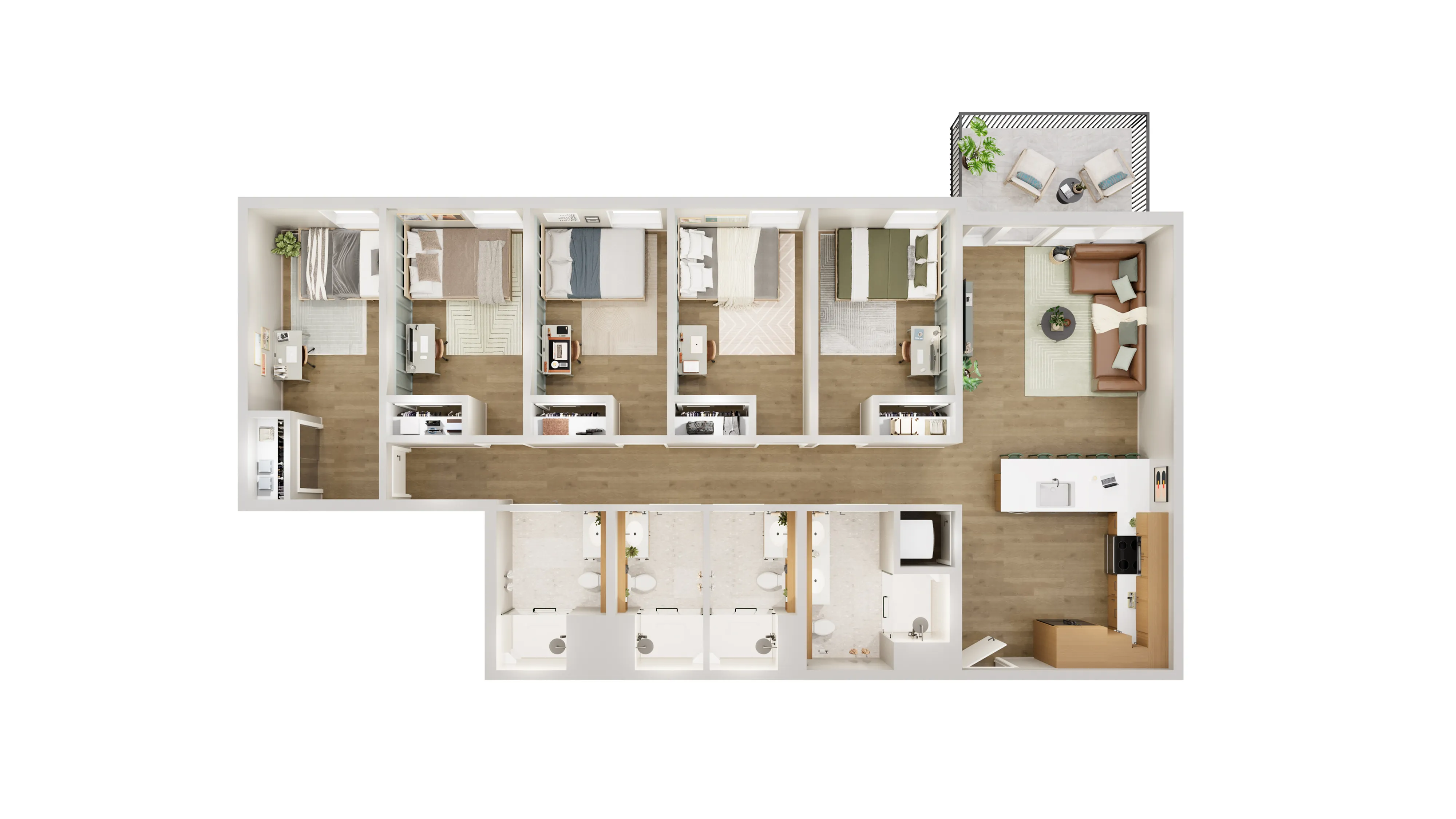 Modern 2D floor plan featuring four cozy bedrooms, an elegant living room, a sleek kitchen, and a charming balcony.