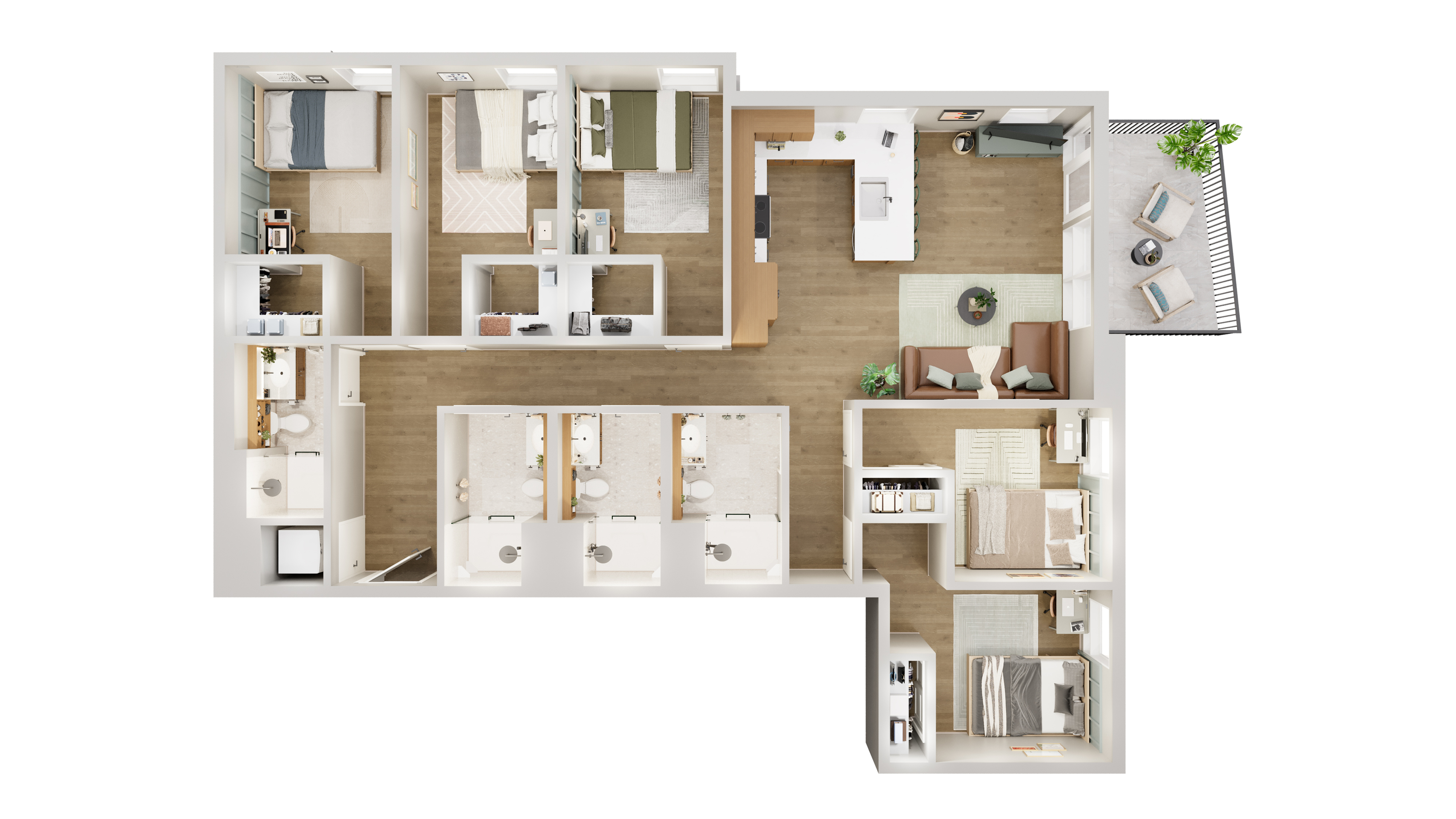 Modern 3-bedroom floor plan featuring an open-concept living area, stylish kitchen, two chic bathrooms, and a cozy balcony.