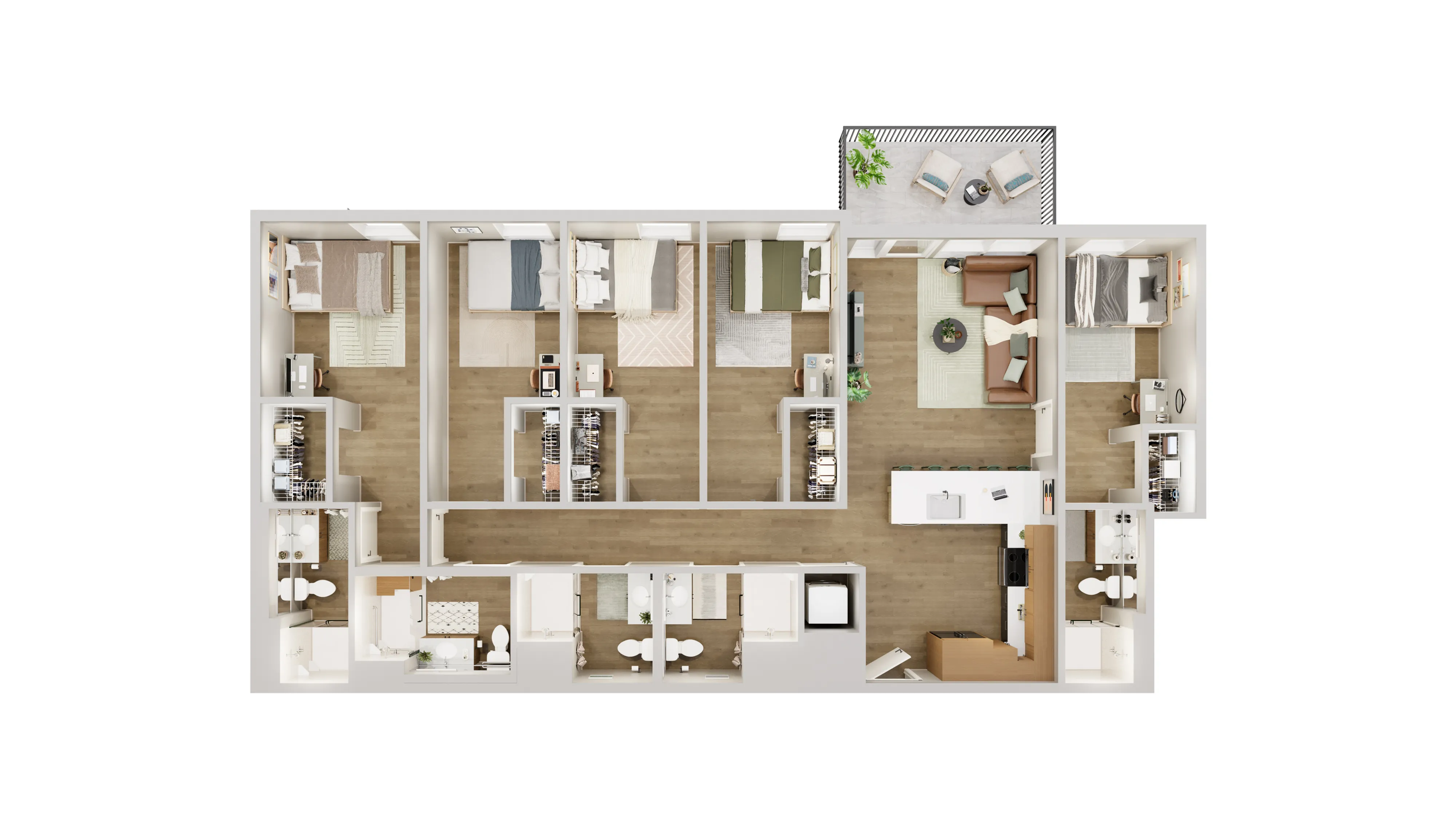 Chic floor plan featuring four bedrooms, a spacious living area, a modern kitchen, and a cozy balcony with outdoor seating.