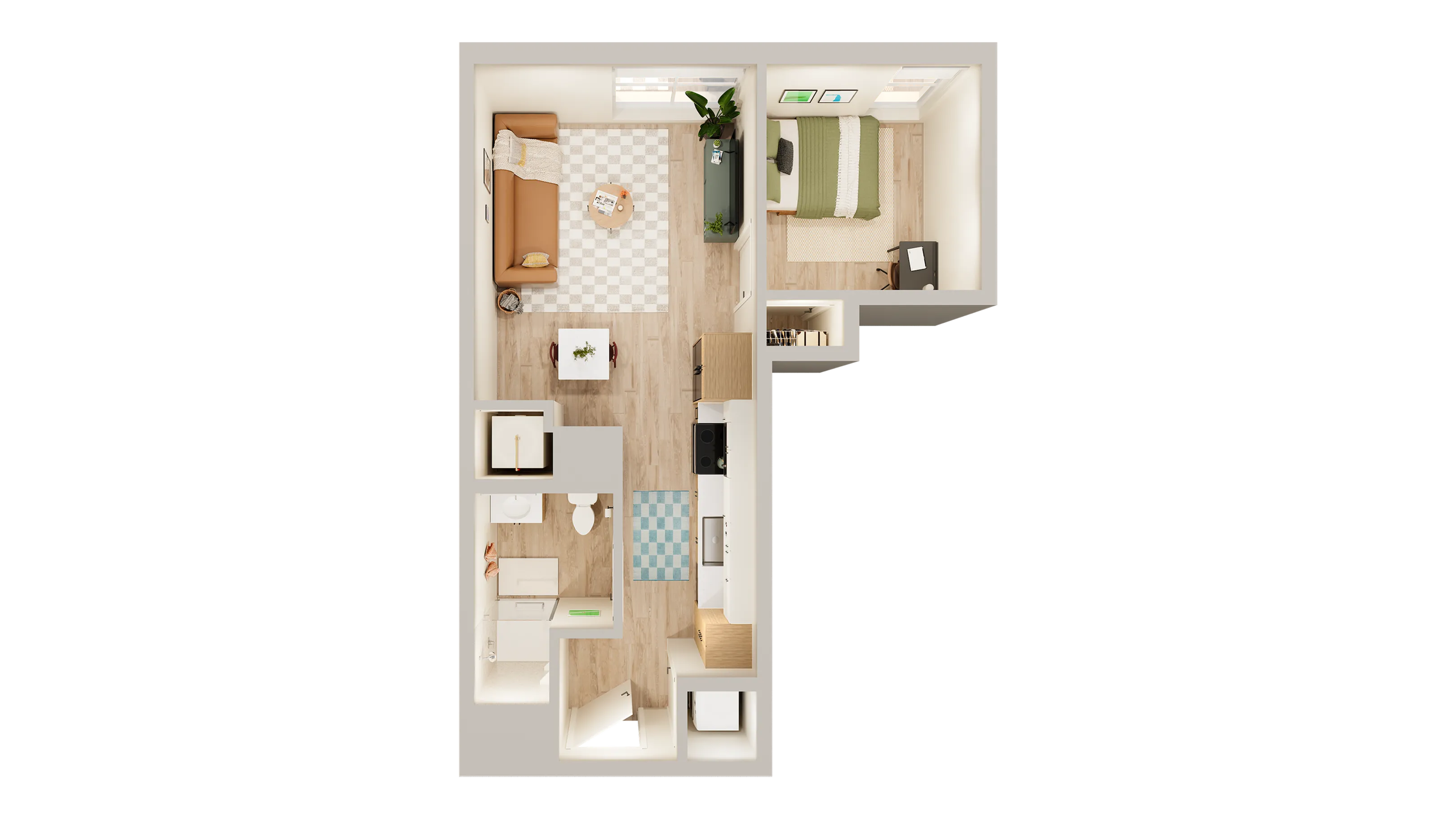 Modern floor plan showcasing a cozy 1-bedroom apartment with a chic living area, stylish kitchen, and convenient bathroom layout.