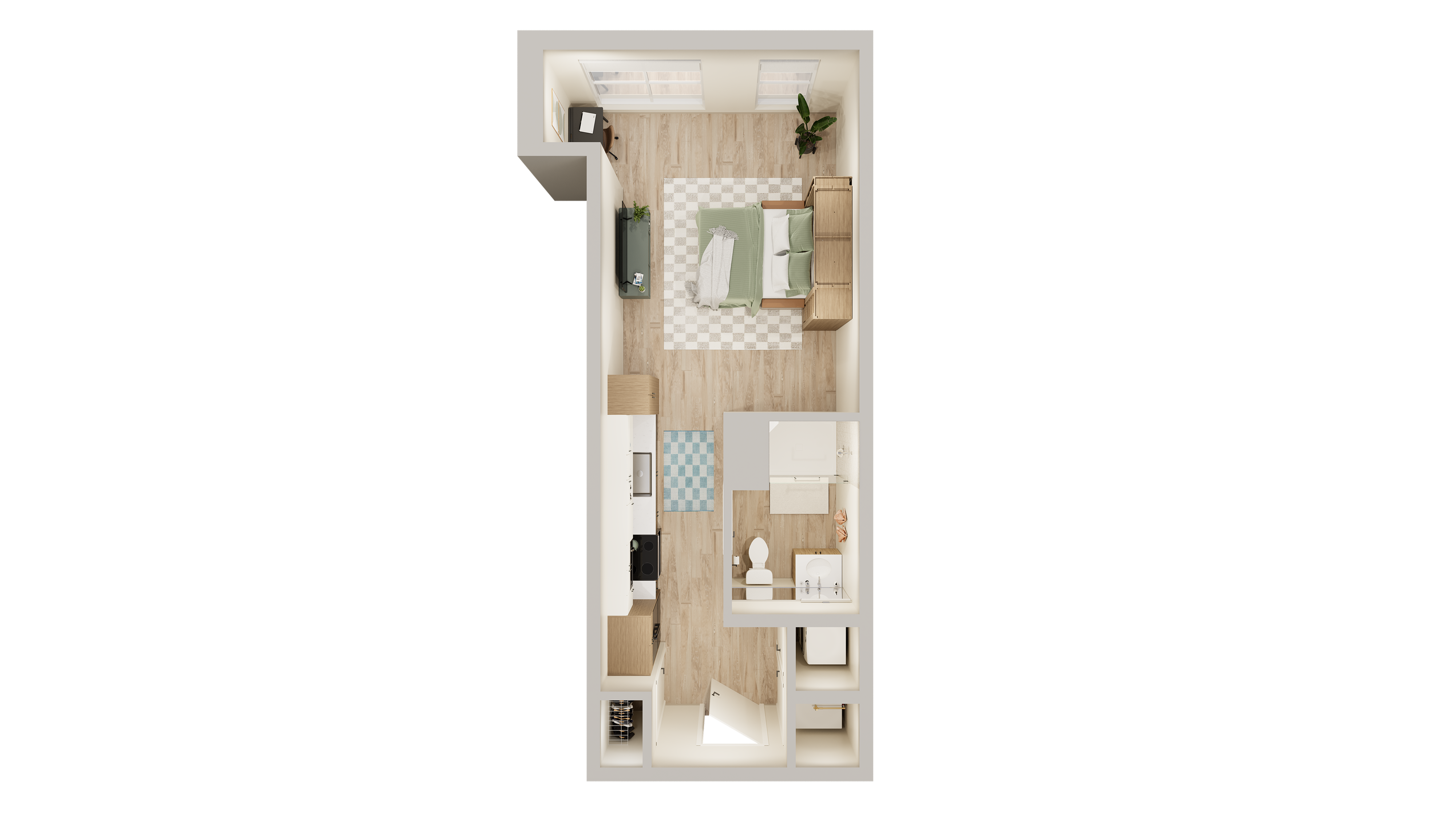 Chic studio apartment floor plan showcasing an elegant layout with a cozy bedroom, modern kitchen, and stylish living space.