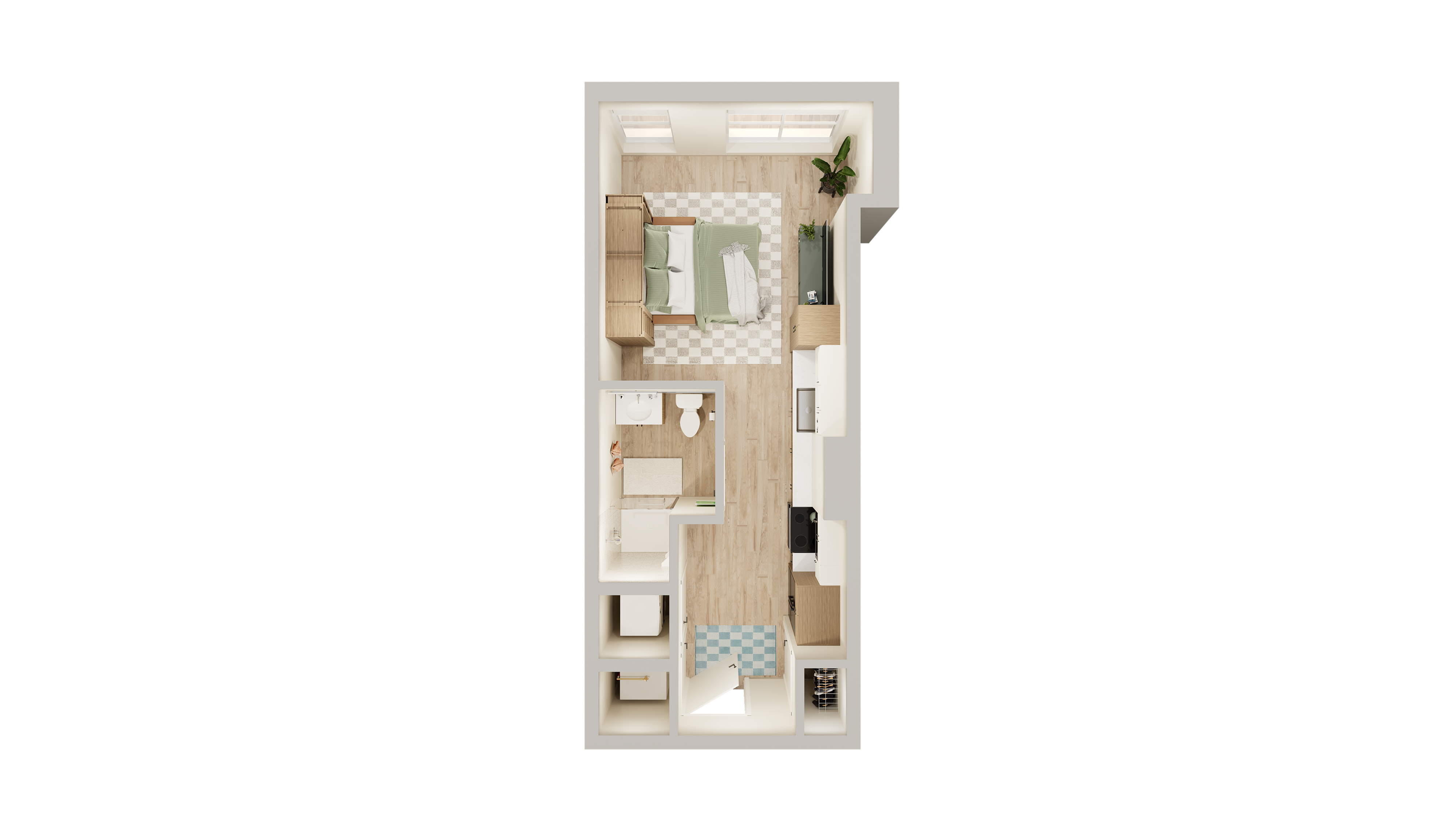 Elegant 3D floor plan showcasing a cozy apartment with a modern bedroom, stylish bathroom, and a sleek kitchen area.