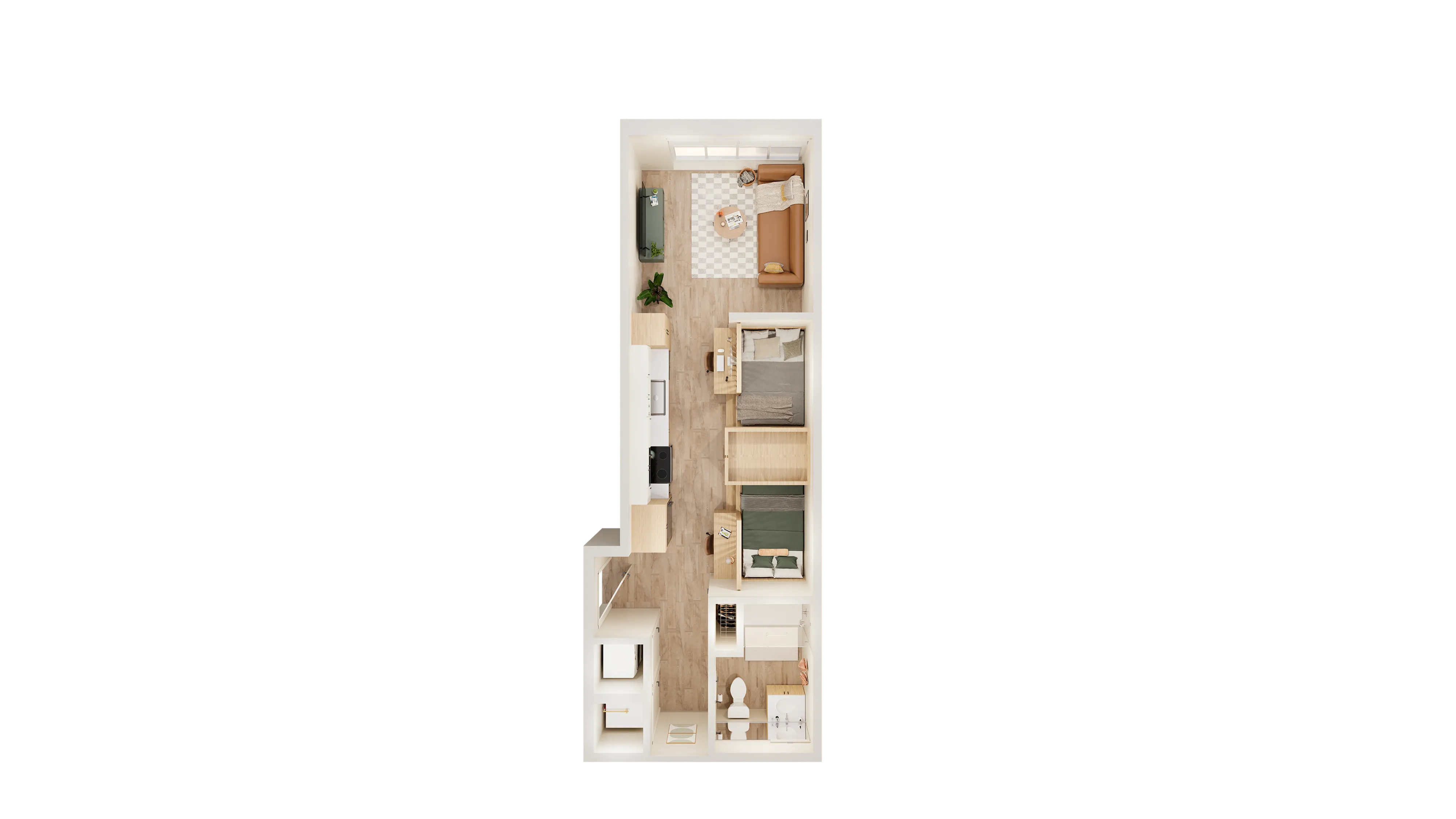 Modern apartment floor plan with two cozy bedrooms, stylish bathroom, open-concept kitchen, and inviting living space.