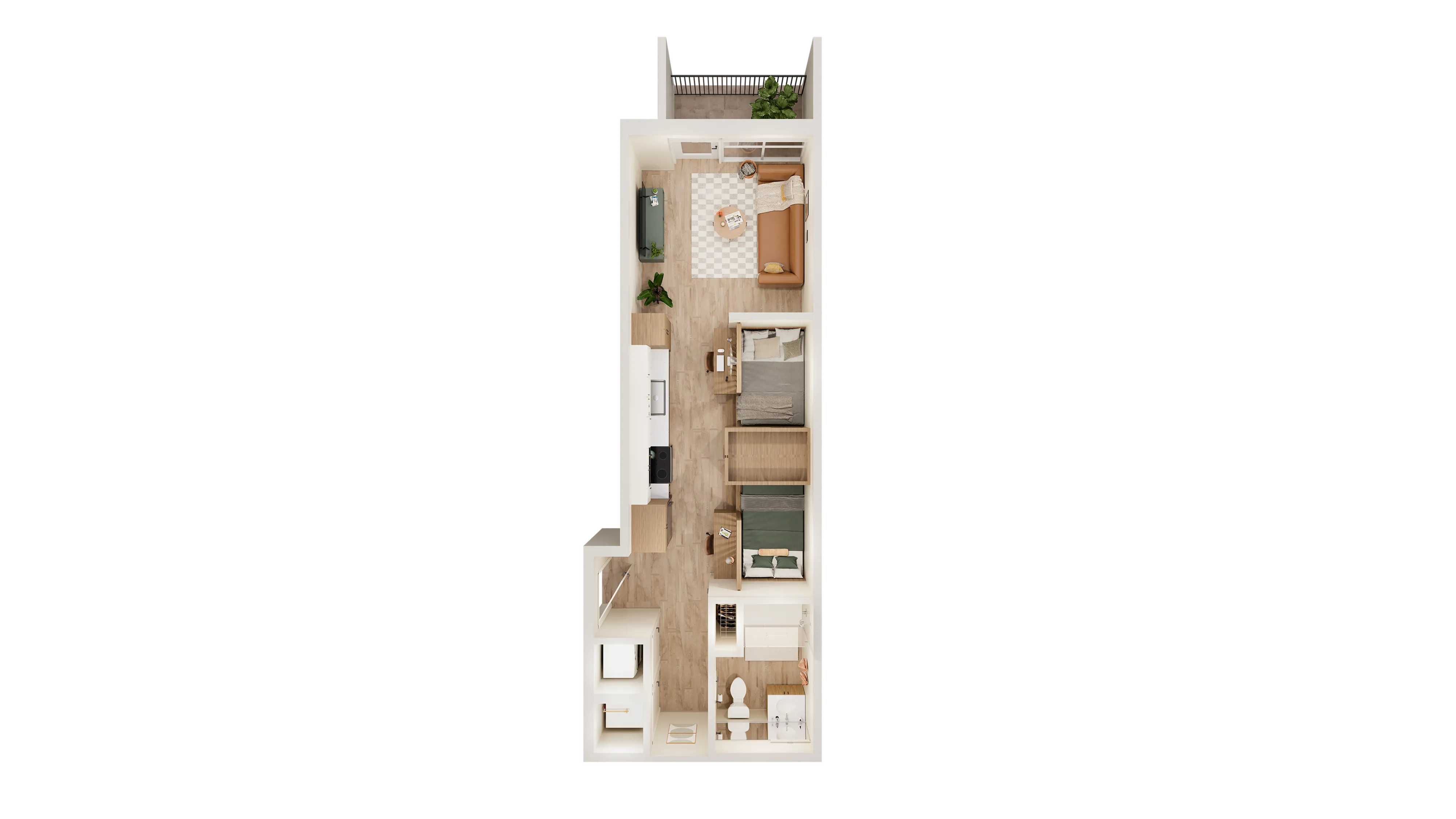 Chic 3D floor plan showcasing a cozy one-bedroom apartment with an inviting living area, modern kitchen, and well-appointed bathroom.