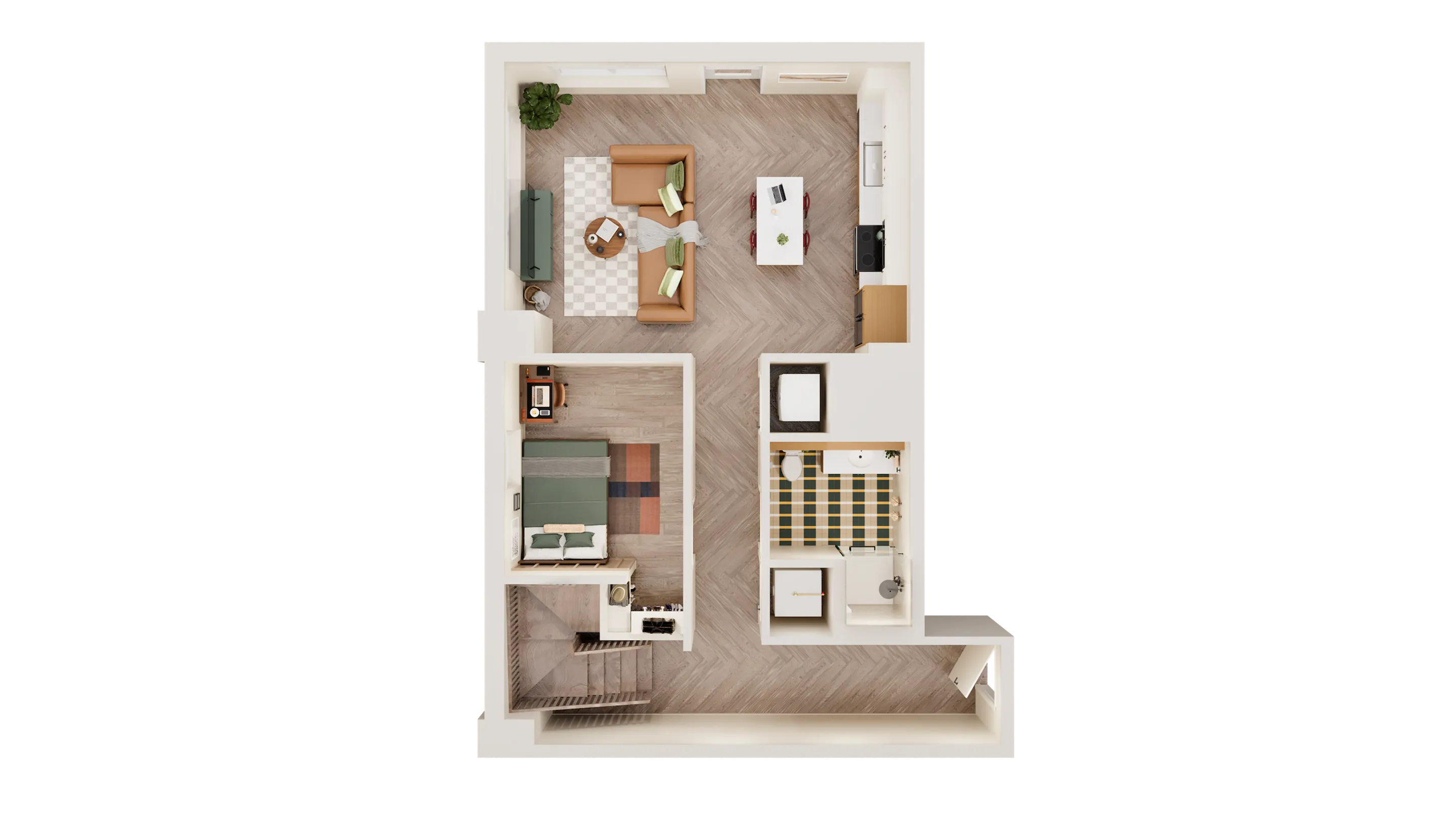 Chic apartment floor plan showcasing 1 bedroom, cozy living area, modern kitchen, and stylish bathroom.
