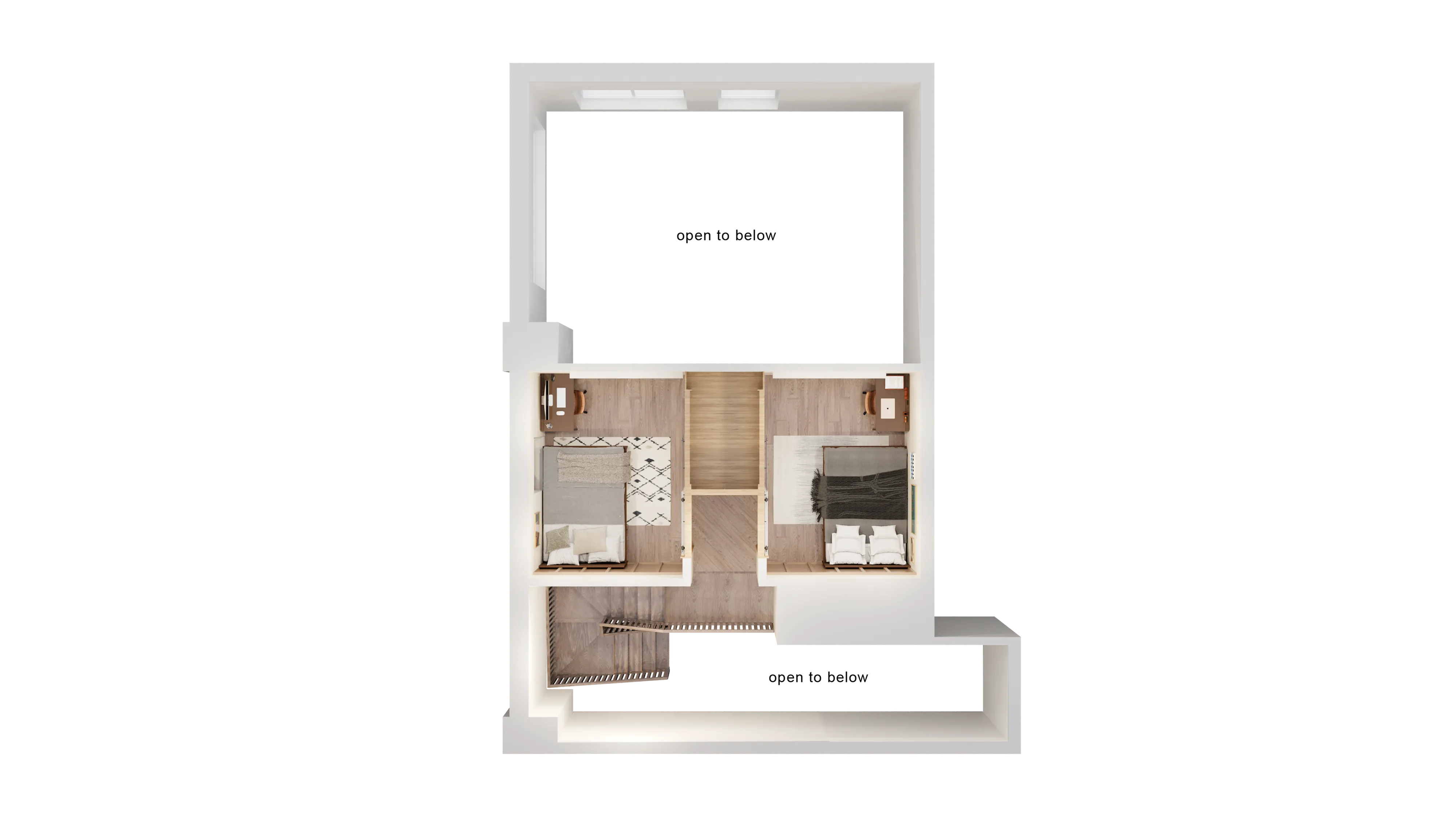 Modern apartment floor plan showcasing two spacious bedrooms, beautifully designed with stylish decor, connected by a wooden hallway and featuring an elegant staircase entrance.