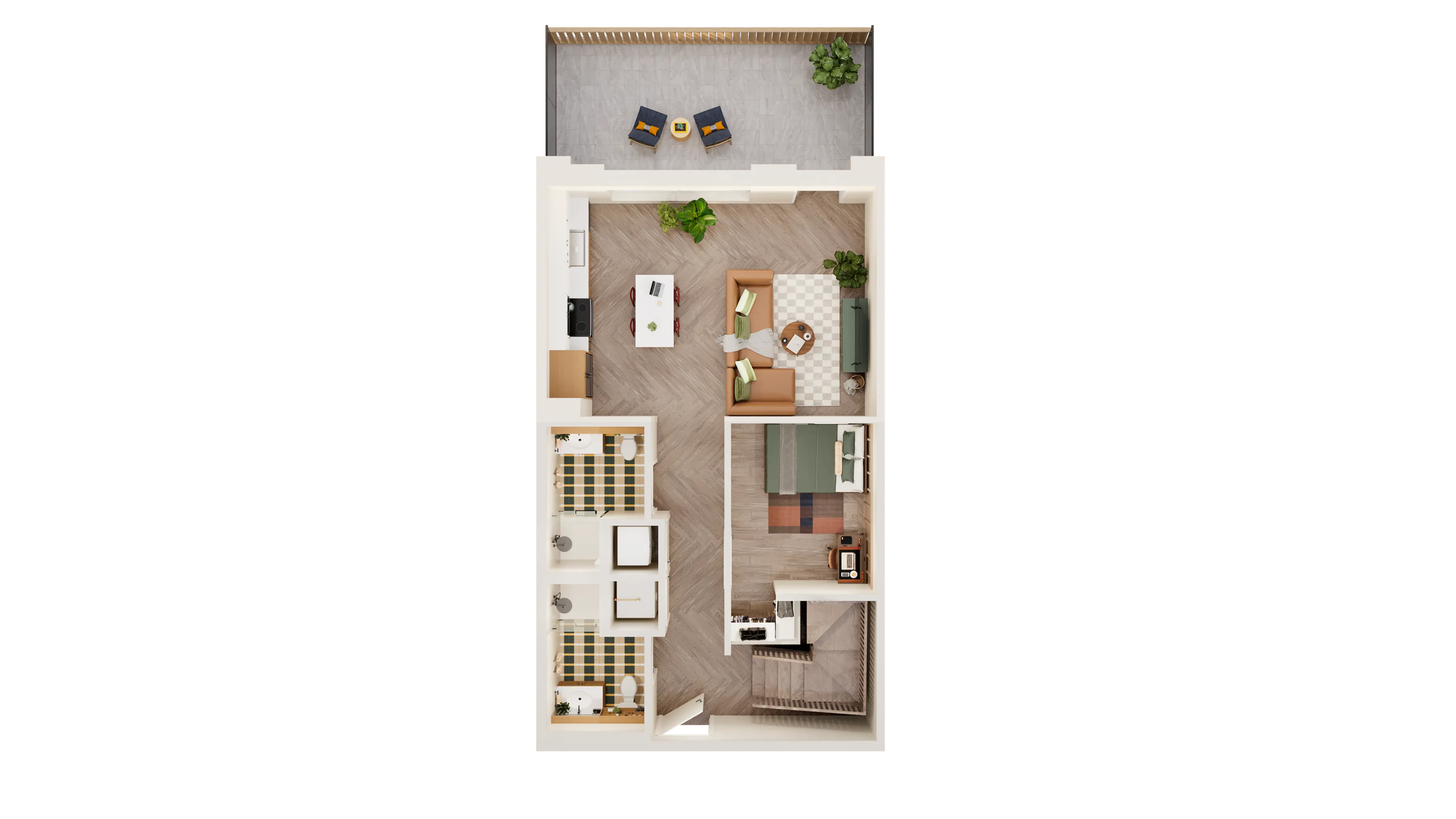 Elegant floor plan featuring an open-concept living and dining area, a cozy bedroom, modern kitchen, and two stylish bathrooms, complemented by a charming outdoor patio.