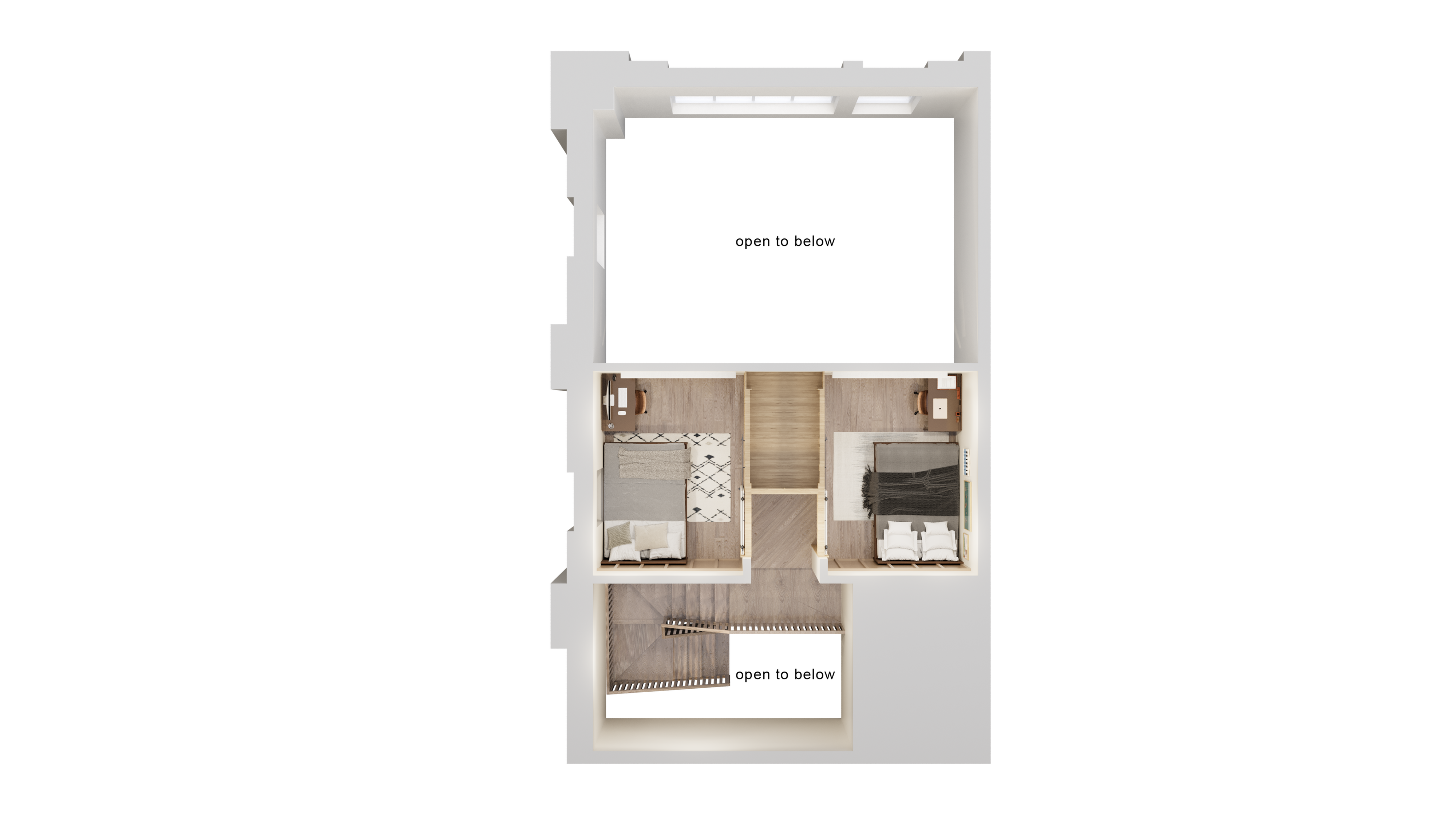 Elegant 3D floor plan showcasing two cozy bedrooms and a central hallway, perfect for stylish living.