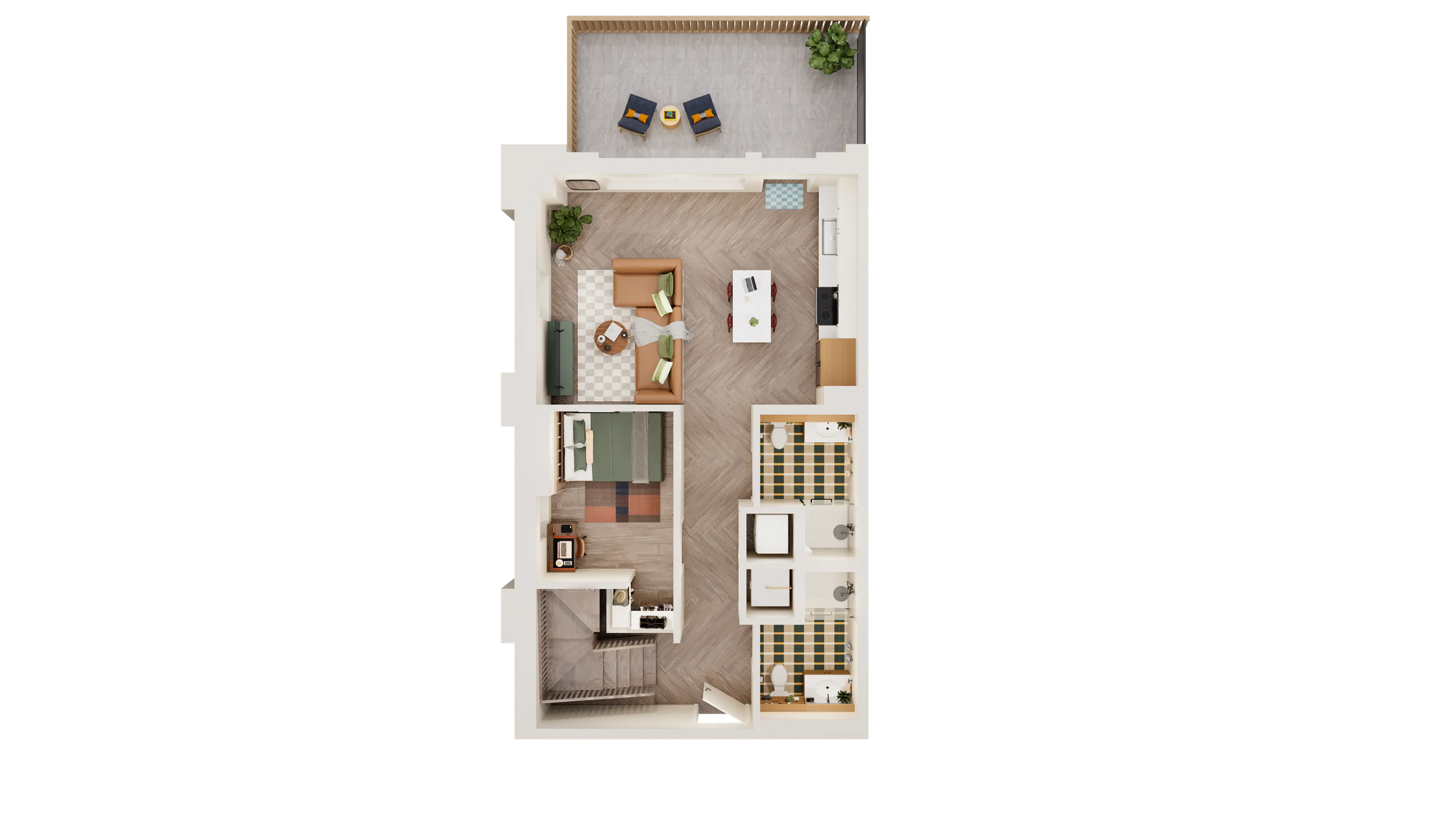 Modern floor plan showcasing 1 bedroom, open-concept living room, elegant kitchen, and cozy balcony area.