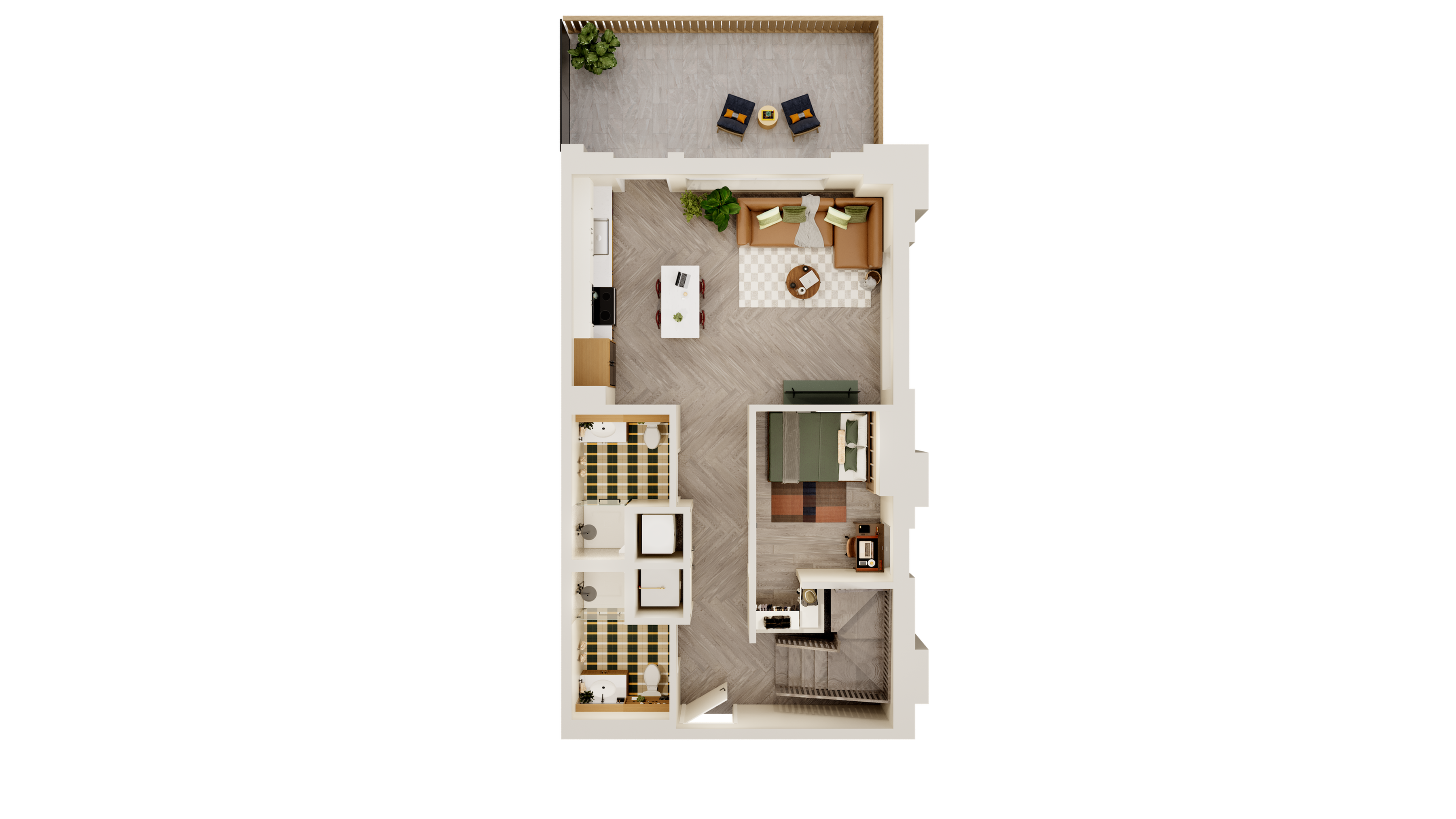 Modern 3D apartment layout featuring a cozy bedroom, stylish open kitchen, inviting living area, and spacious balcony with seating.