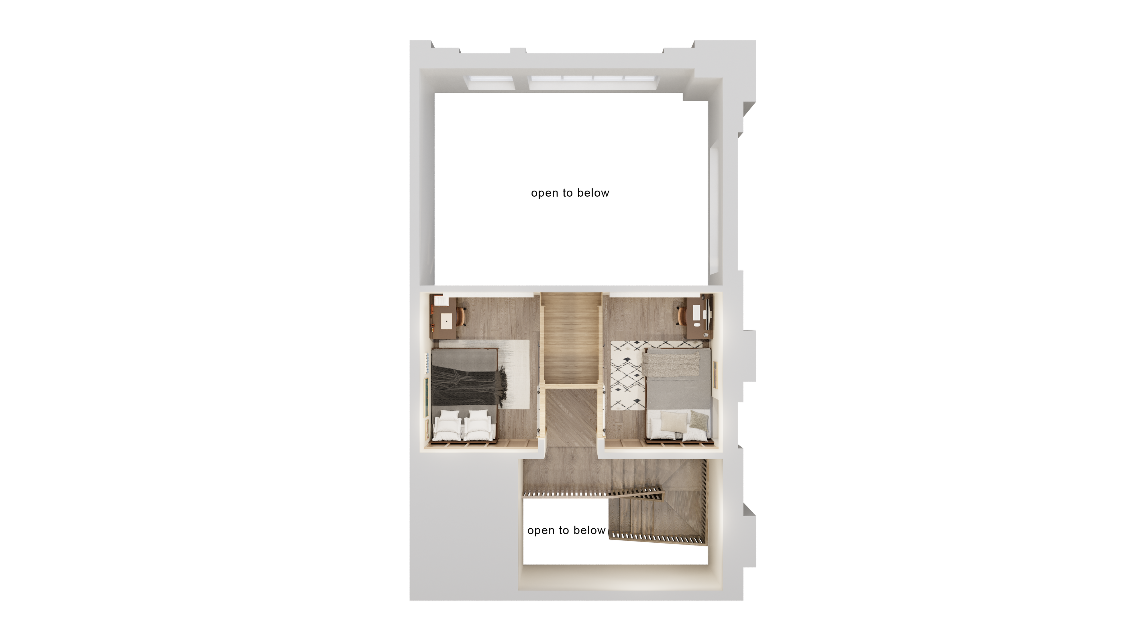 Sleek 2D floor plan showcasing two cozy bedrooms with stylish decor and a connected open hallway.
