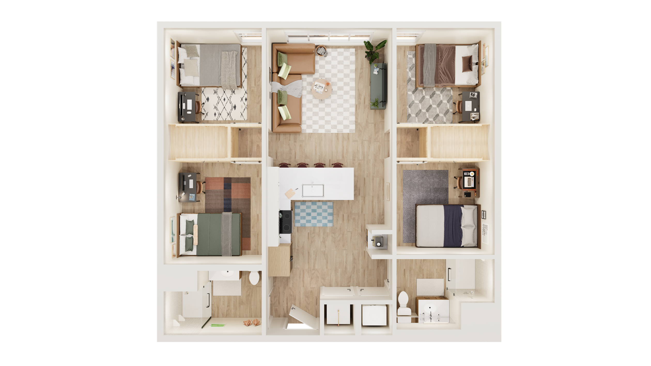 Modern 3-bedroom apartment floor plan with open-concept living and dining area, stylish kitchen, and two bathrooms, perfect for comfortable urban living.