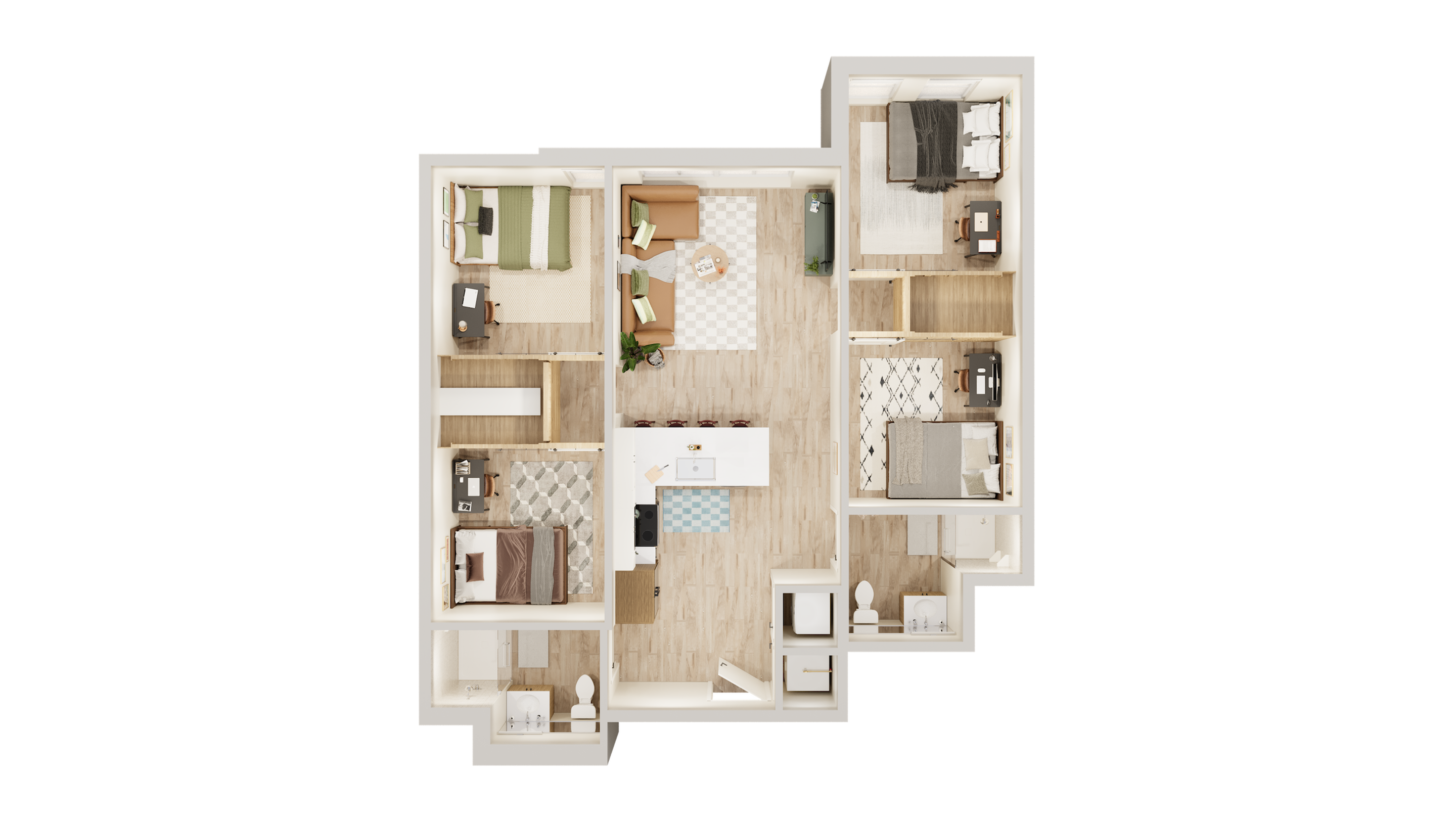 Modern floor plan with 3 cozy bedrooms, central living space, stylish kitchen, and two sleek bathrooms.
