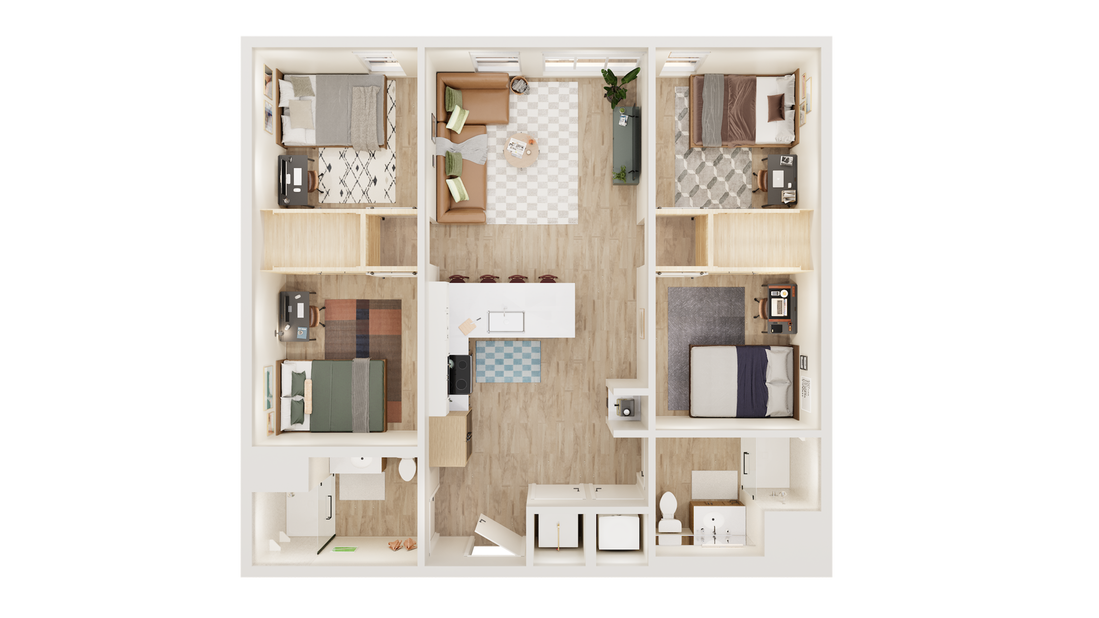 Modern 3-bedroom floor plan featuring an open-concept living area, sleek kitchen with island, and stylishly furnished bedrooms.