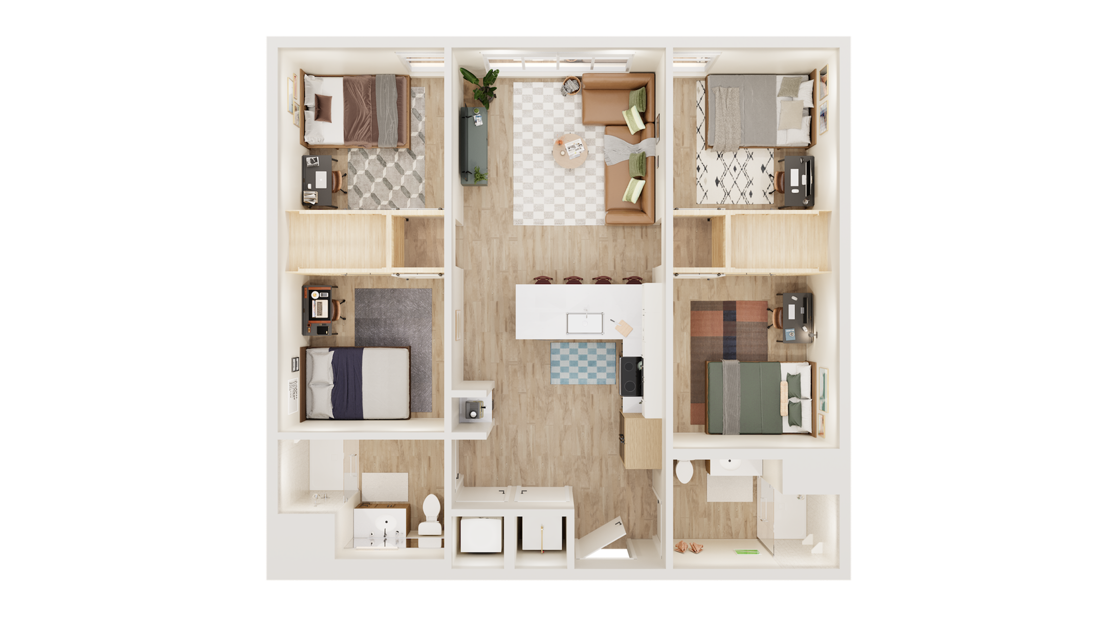 Modern 3-bedroom apartment floor plan with spacious open-concept kitchen and living area, featuring stylish interiors and cozy bedrooms.