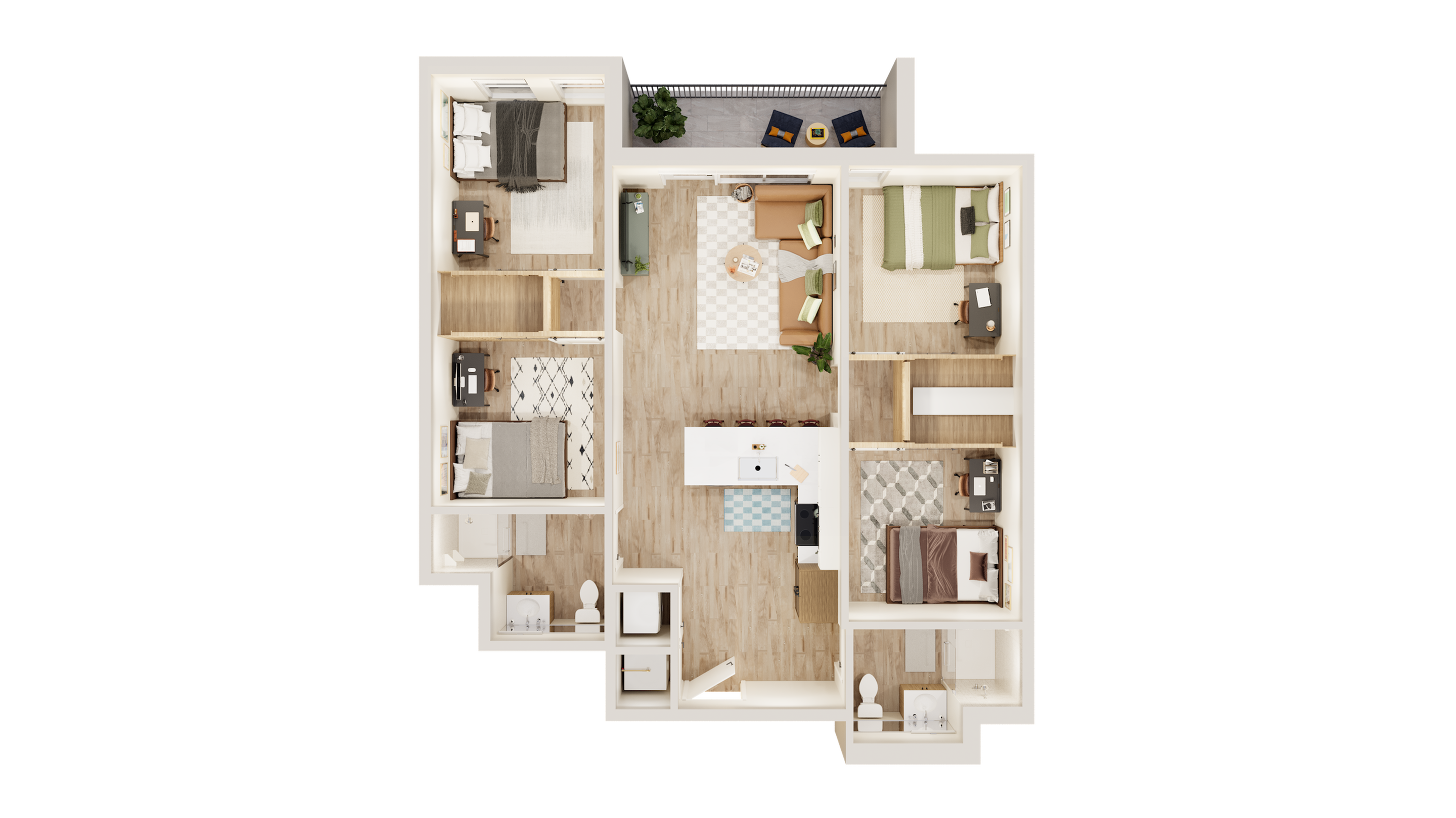 Chic 3-bedroom floor plan showcasing a modern open-concept living area, stylish kitchen, and cozy balcony retreat.