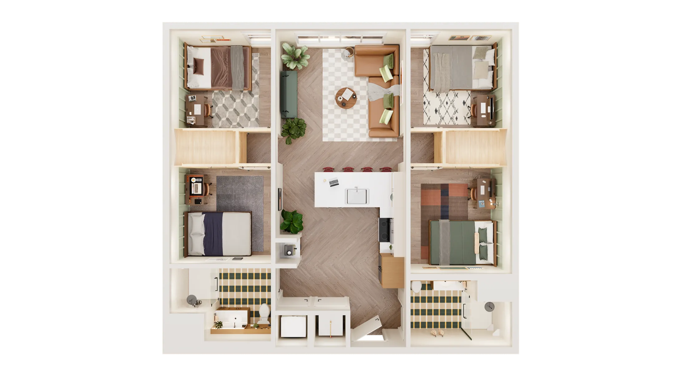 Modern floor plan featuring 3 bedrooms with cozy seating areas, stylish open kitchen, and inviting living space.
