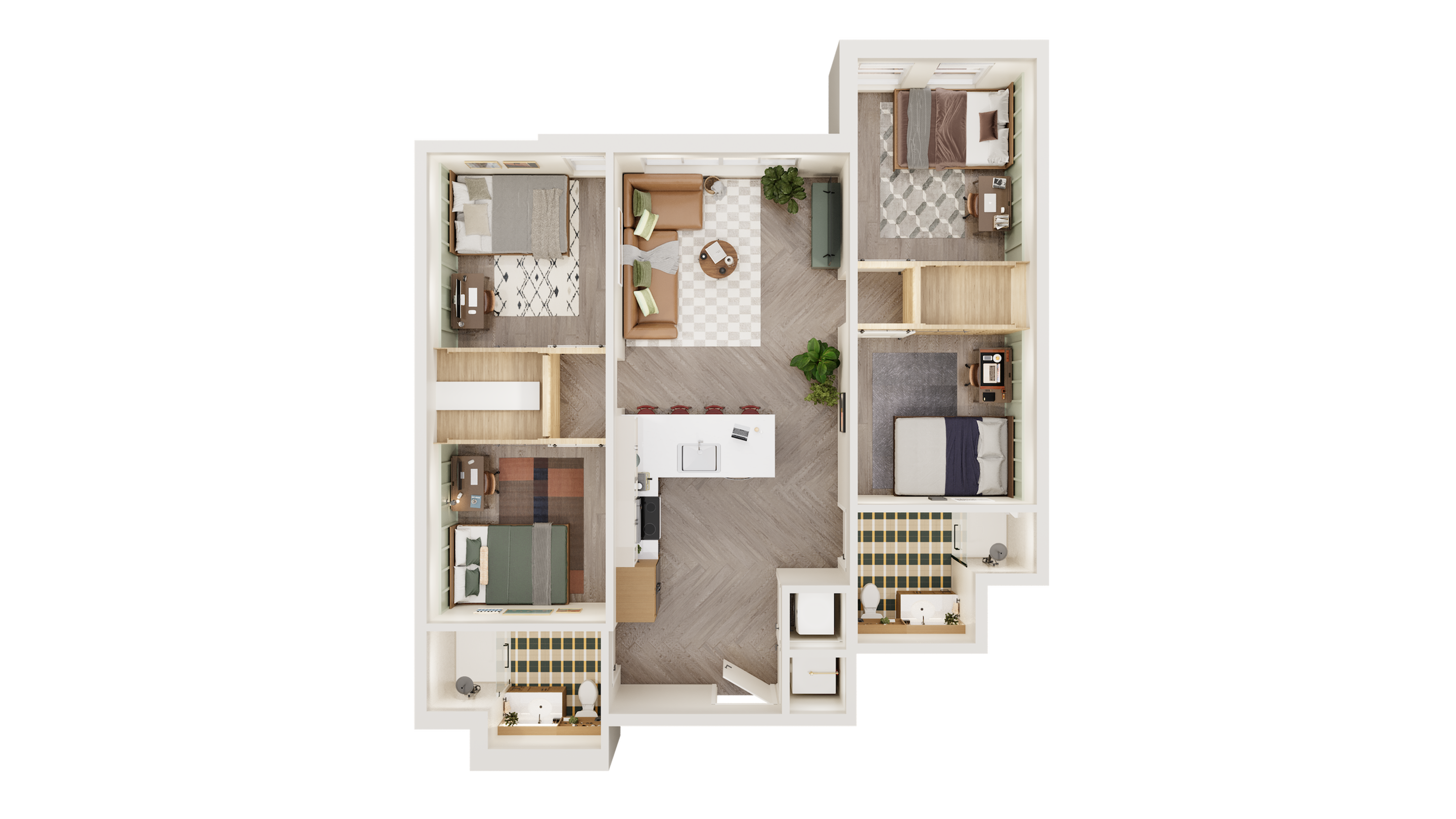 Modern 3-bedroom floor plan showcasing an open-concept living area, sleek kitchen with breakfast bar, and elegant bathrooms.