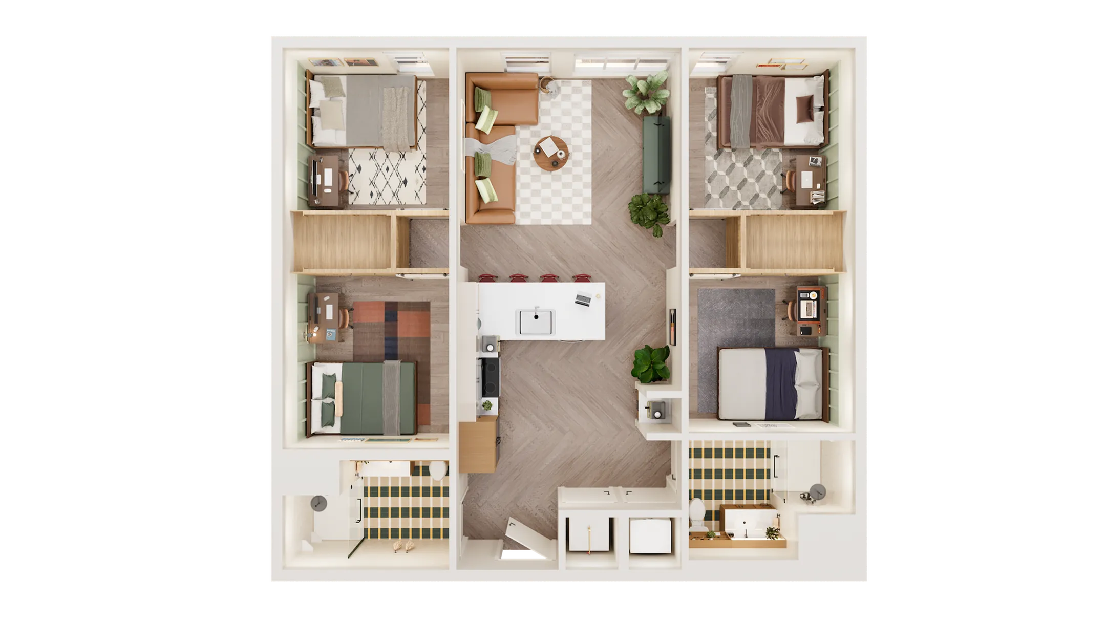 Elegant 3D floor plan showcasing three cozy bedrooms, a modern open-concept kitchen, and a stylish living area with lush greenery.