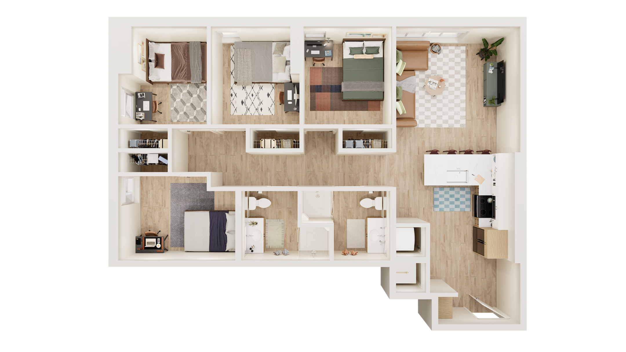 Charming 3-bedroom apartment floor plan featuring a cozy living room, modern kitchen with breakfast bar, and two elegant bathrooms.