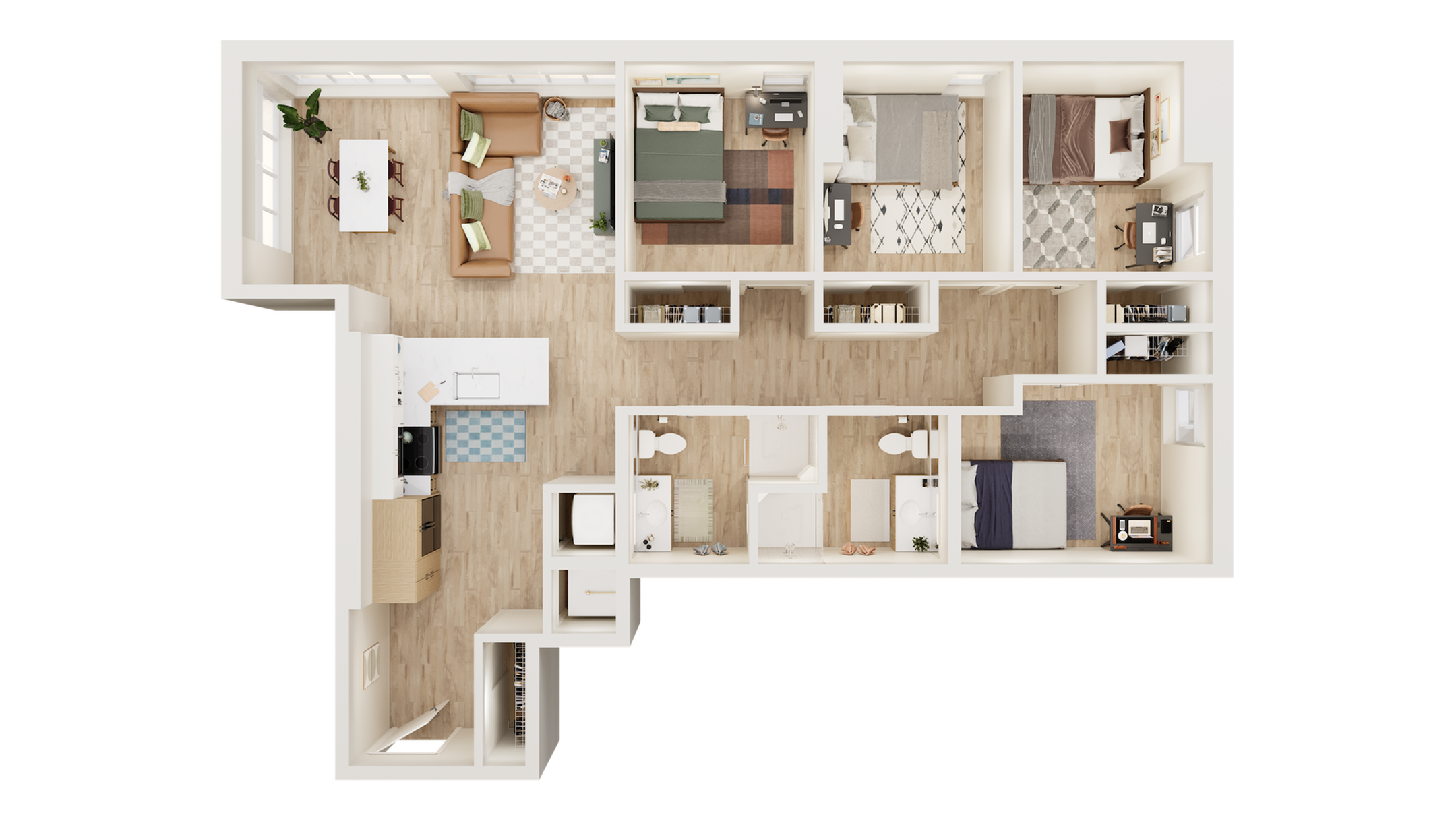 Elegant floor plan showcasing 3 bedrooms, open living and dining area, modern kitchen, and abundant natural light.