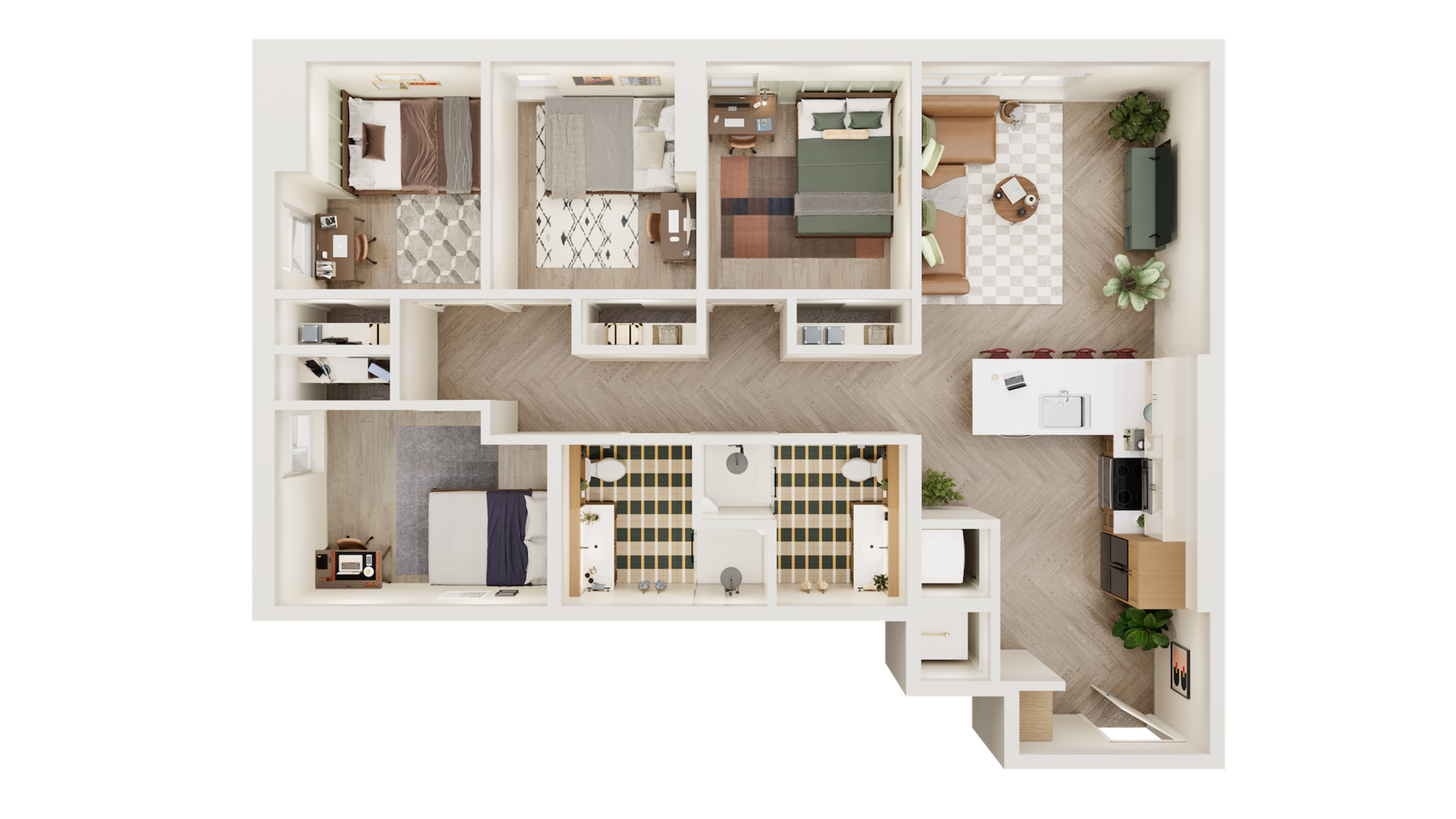 Modern 3-bedroom apartment floor plan with open-concept living room, elegant kitchen with breakfast bar, and two luxurious bathrooms.