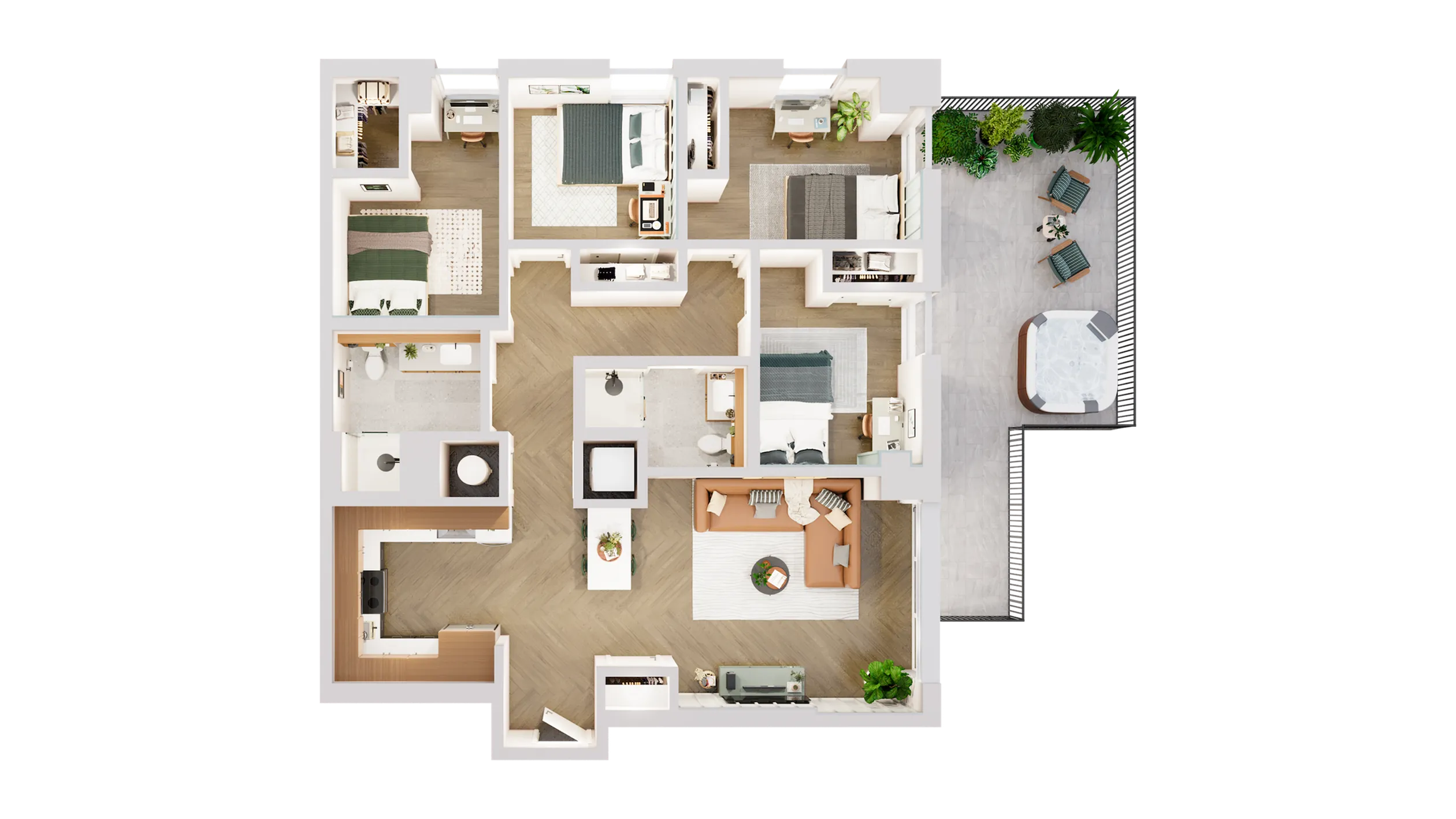 Elegant and modern 3-bedroom apartment floor plan featuring a cozy living room, state-of-the-art kitchen, and a private outdoor patio with seating area and hot tub.