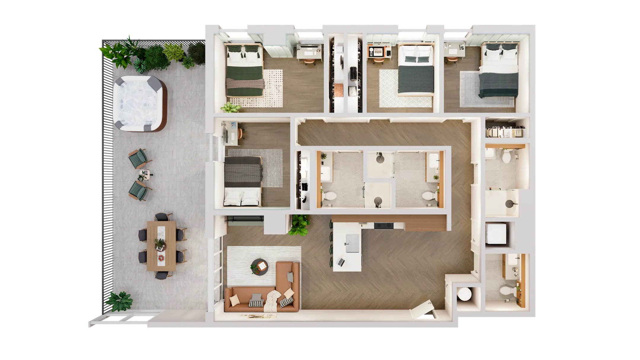 Contemporary apartment floor plan with 3 bedrooms, spacious open-concept kitchen, stylish living area, dual bathrooms, and a large outdoor patio with seating and hot tub.