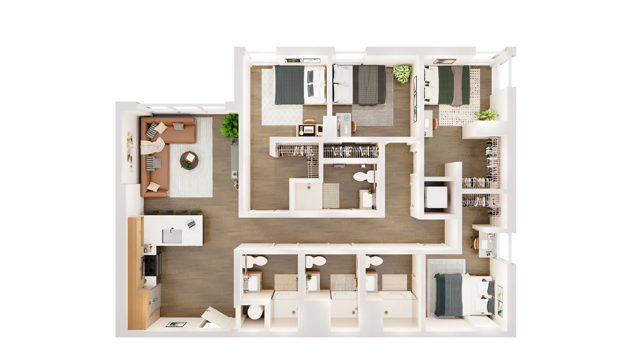 Modern 3-bedroom apartment floor plan with an open-concept kitchen and living area, featuring spacious closets and a stylish design.