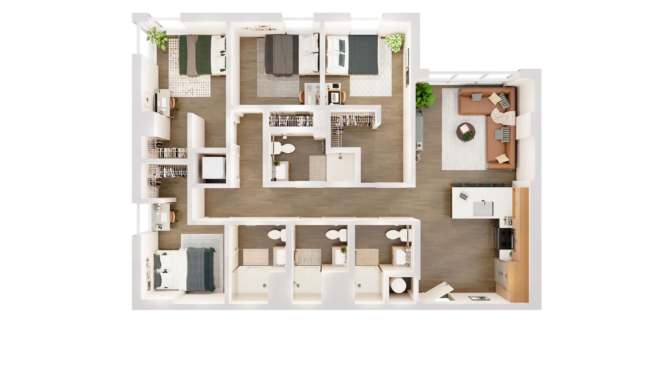 Modern 3D floor plan of an elegant apartment featuring three bedrooms, a comfortable living area, a spacious kitchen, and well-designed bathrooms, perfect for stylish urban living.