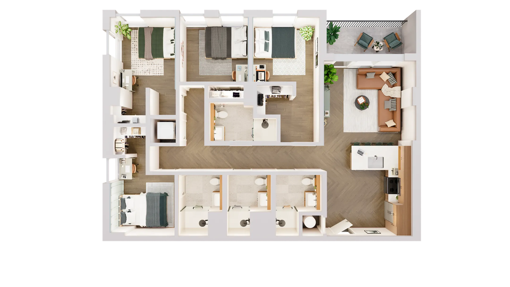 Modern and spacious floor plan showcasing three bedrooms, open living area, sleek kitchen, and a cozy balcony.