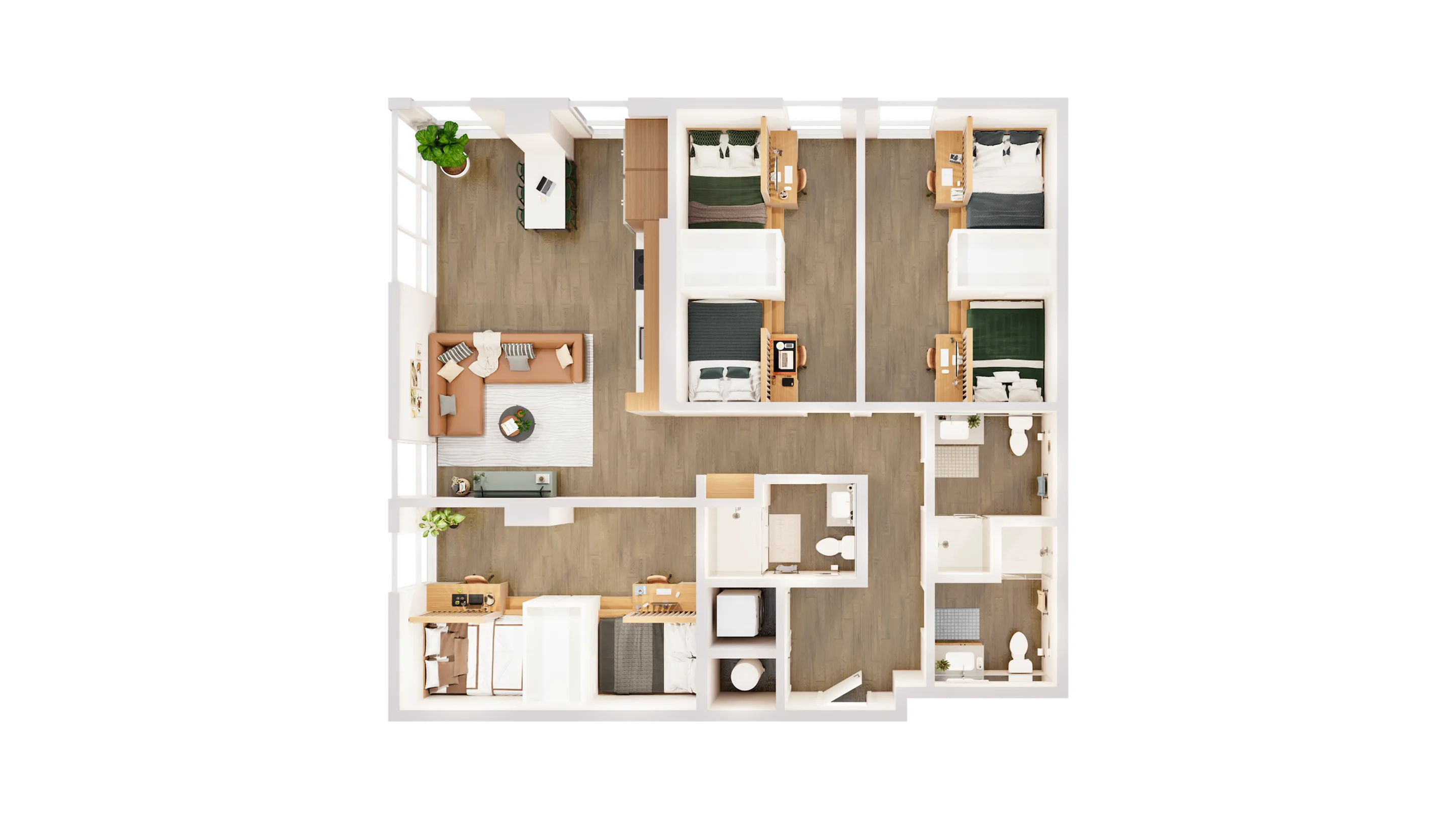 Contemporary 3-bedroom apartment floor plan featuring an open-concept living area, modern kitchen, and two elegant bathrooms.