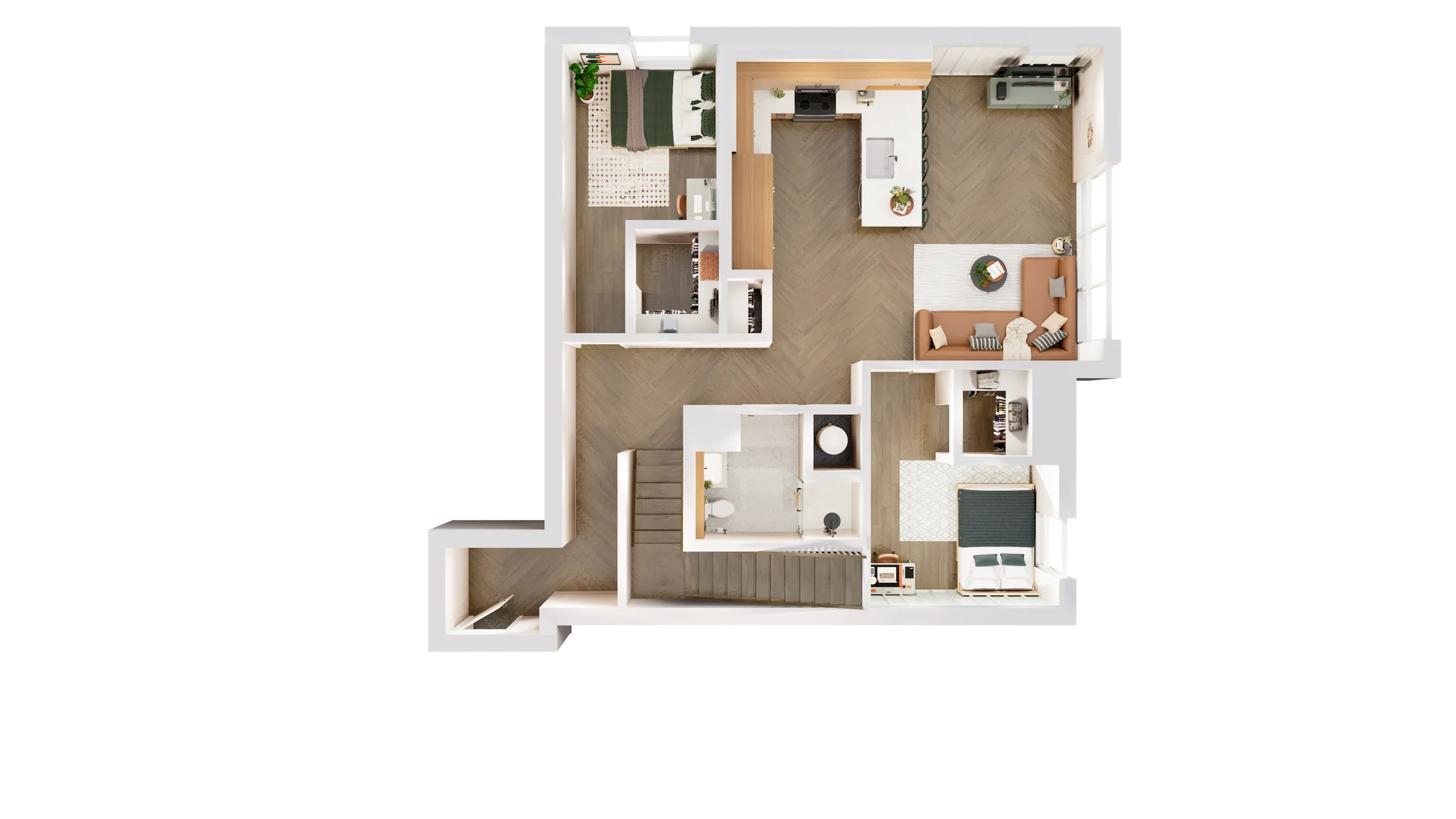 Elegant floor plan showcasing two bedrooms, modern kitchen, cozy living area, and spacious bathroom, perfect for comfortable living.